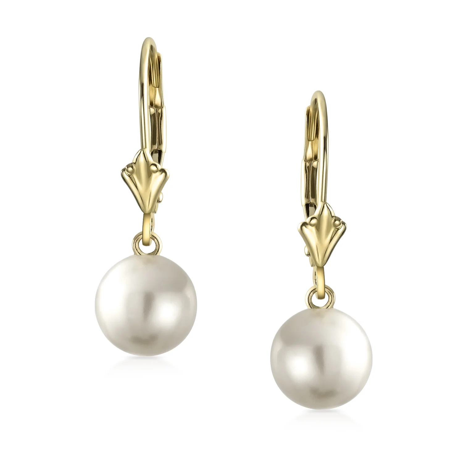 Real 14K Yellow Gold Round Freshwater Pearl Drop Ball Dangle Earrings Lever back - Image 2