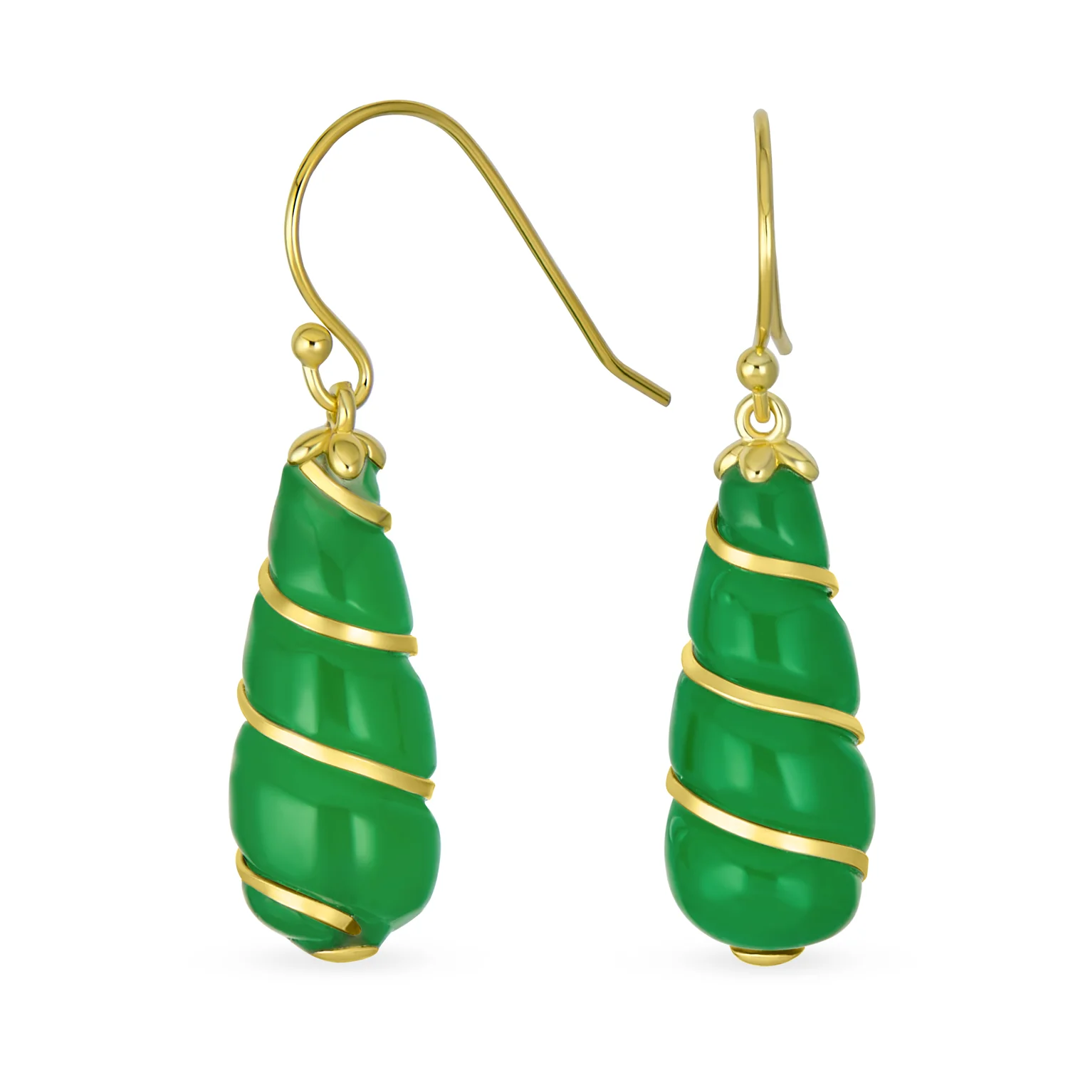 Classic Green Jade Teardrop Twisting Swirl Dangle Earrings Gold Sterling Silver