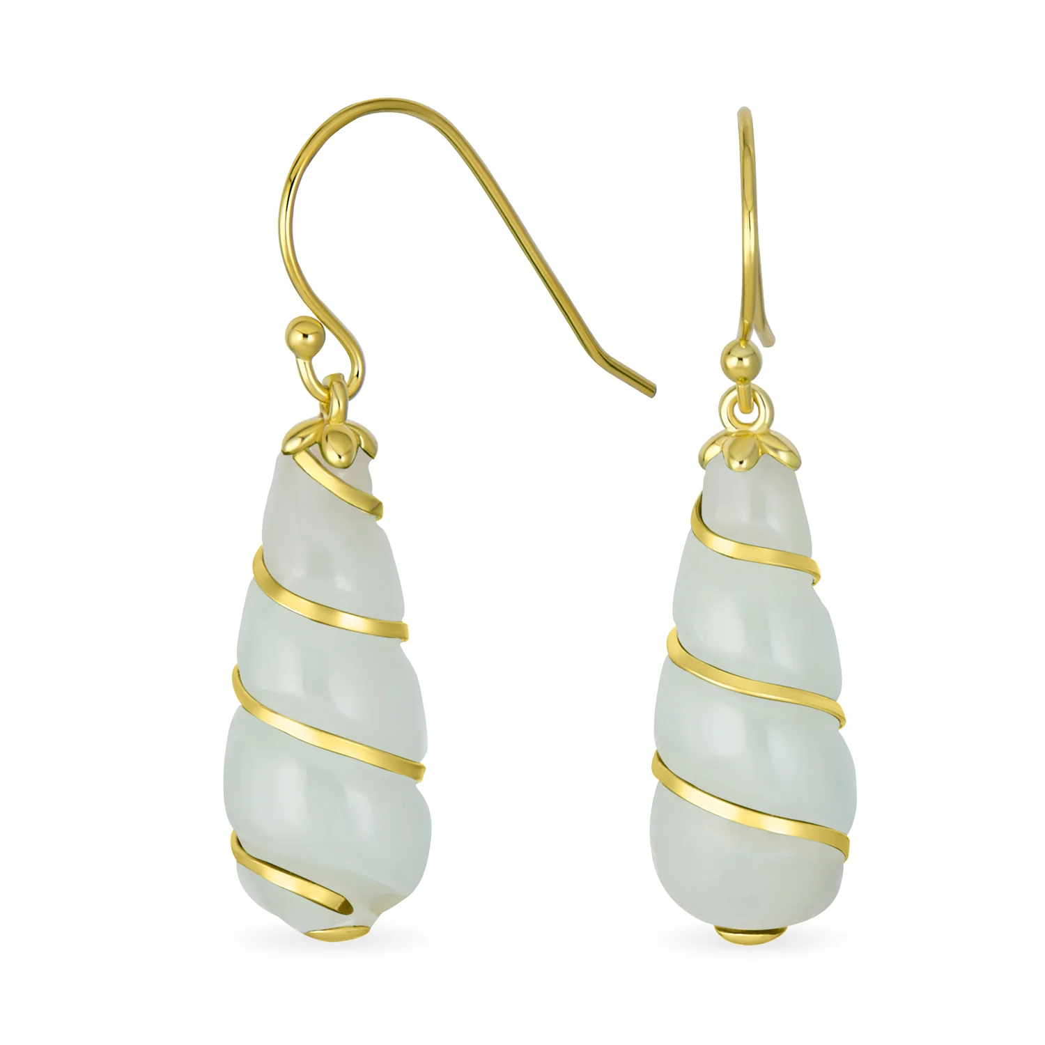 Classic Green Jade Teardrop Twisting Swirl Dangle Earrings Gold Sterling Silver - Image 2
