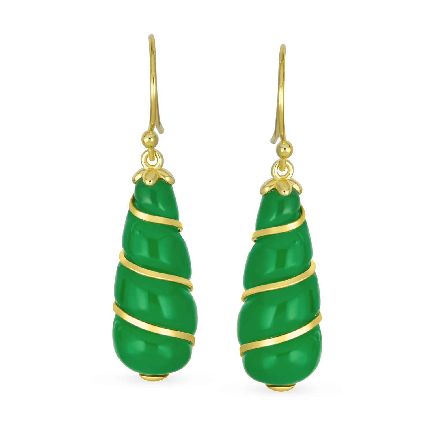 Classic Green Jade Teardrop Twisting Swirl Dangle Earrings Gold Sterling Silver - Image 3
