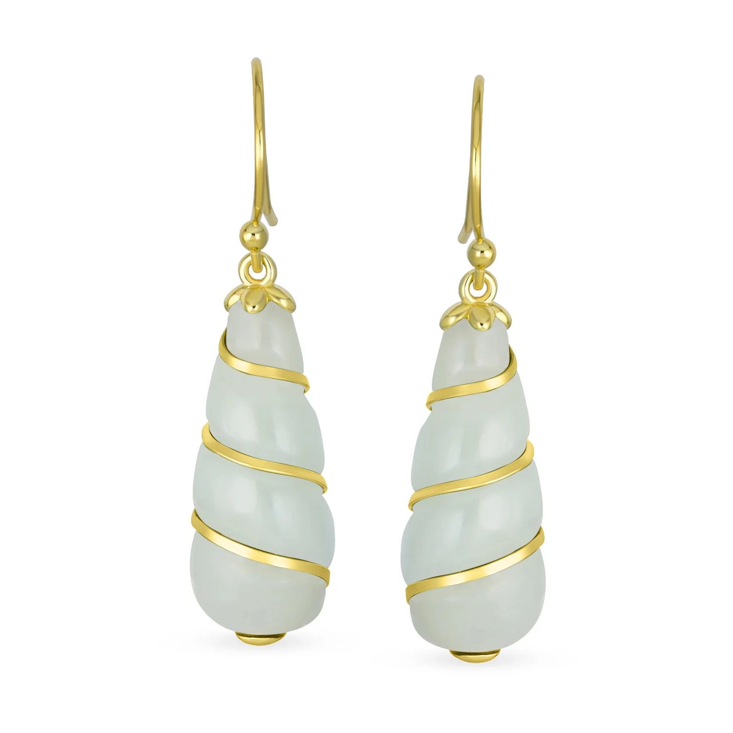 Classic Green Jade Teardrop Twisting Swirl Dangle Earrings Gold Sterling Silver - Image 4