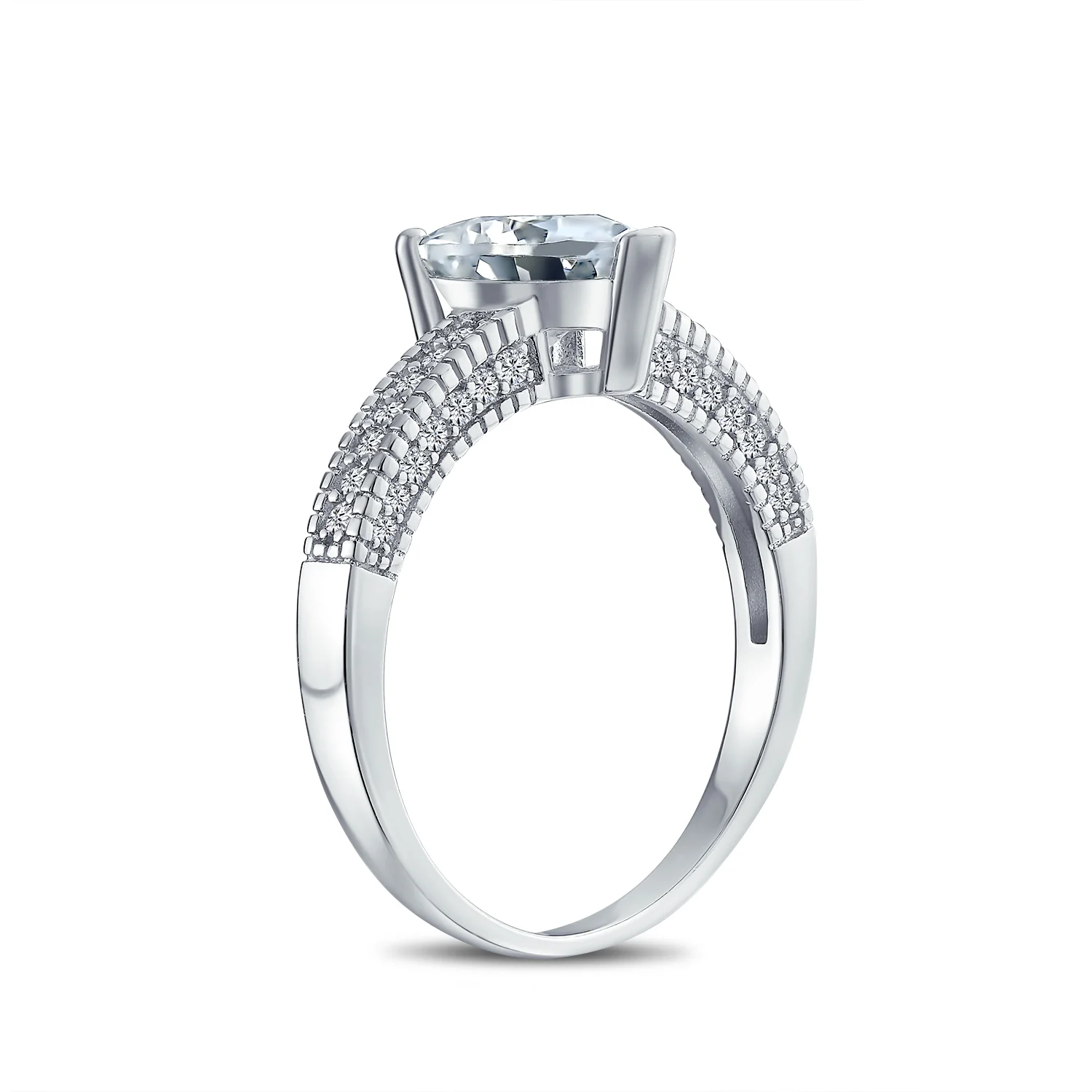 Classic 2CT Heart Shaped Engagement Ring with CZ Pave Band in Sterling Silver - Image 2