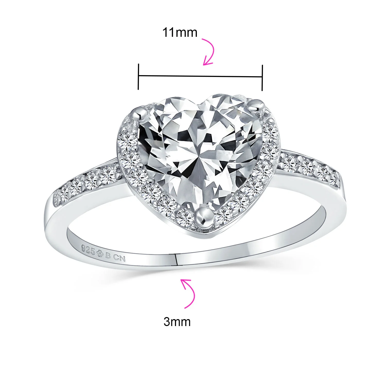 3CT Cubic Zirconia Halo Solitaire Heart Shaped Engagement Ring Pave CZ Band .925 Sterling Silver - Image 5