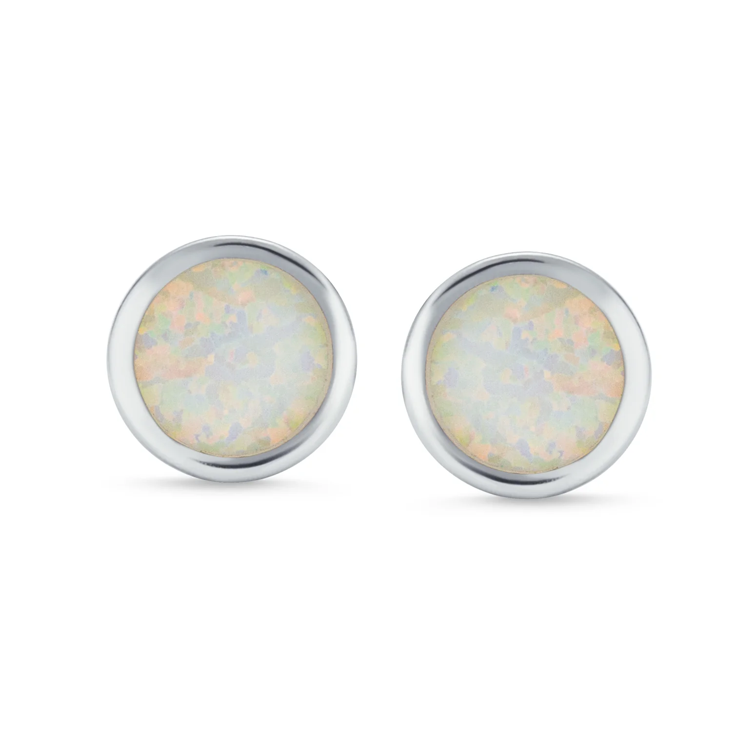 Classic Iridescent White Opal Stud Earrings in Sterling Silver, 9MM Birthstone - Image 2