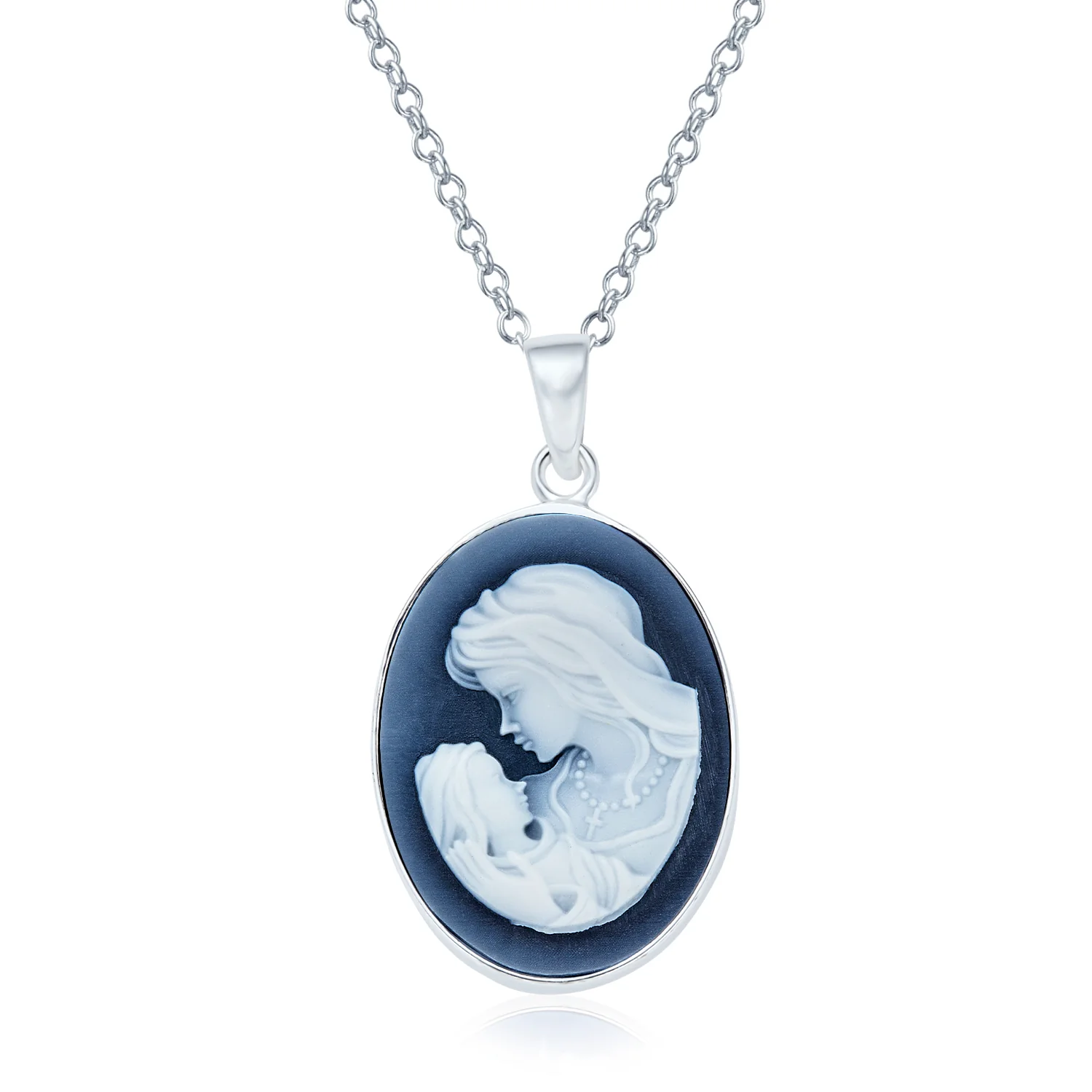 Classic Victorian Lady Portrait Cameo Pendant Necklace Silver Blue & White