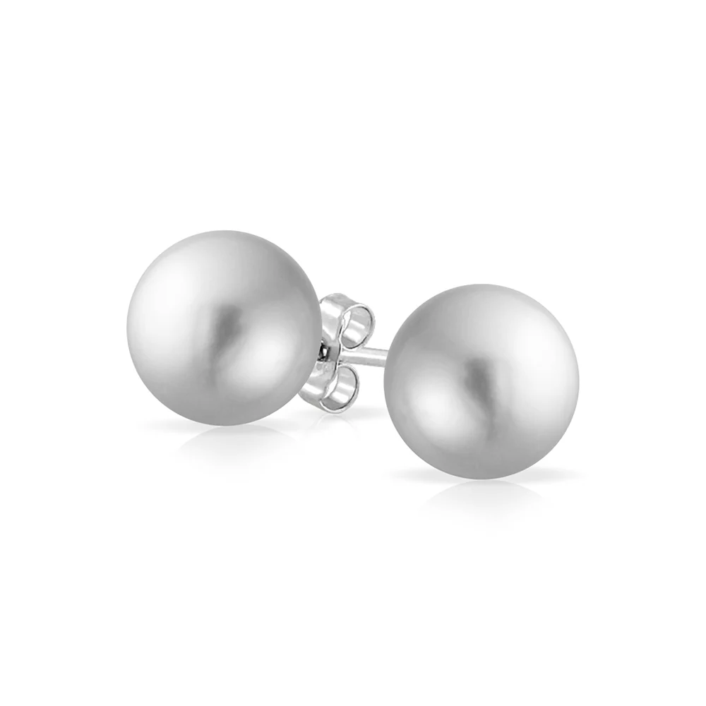 Classic Light Grey Simulated Pearl Drop Ball Earrings in  Sterling Silver - Image 2