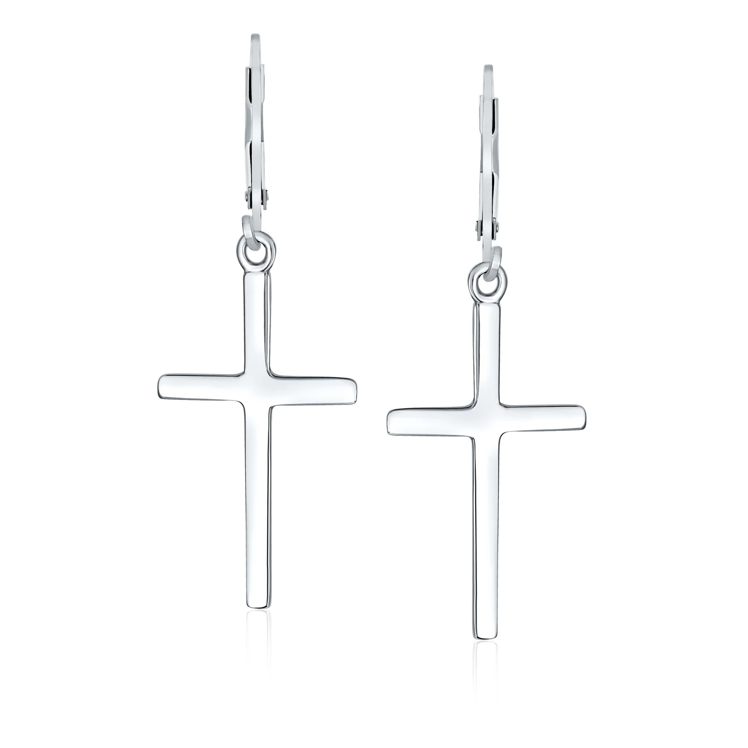 Classic Religious Cross Dangle Earrings Lever Back Sterling Silver High Polish - Image 2