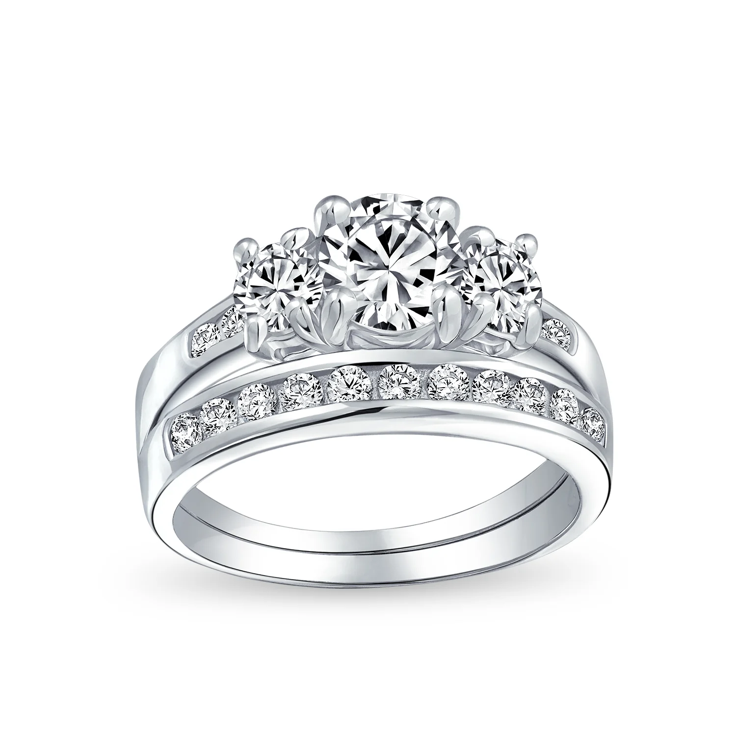 Classic 3CT Round 3 Stone CZ Past Present Future Solitaire Engagement Ring Set Band Sterling Silver