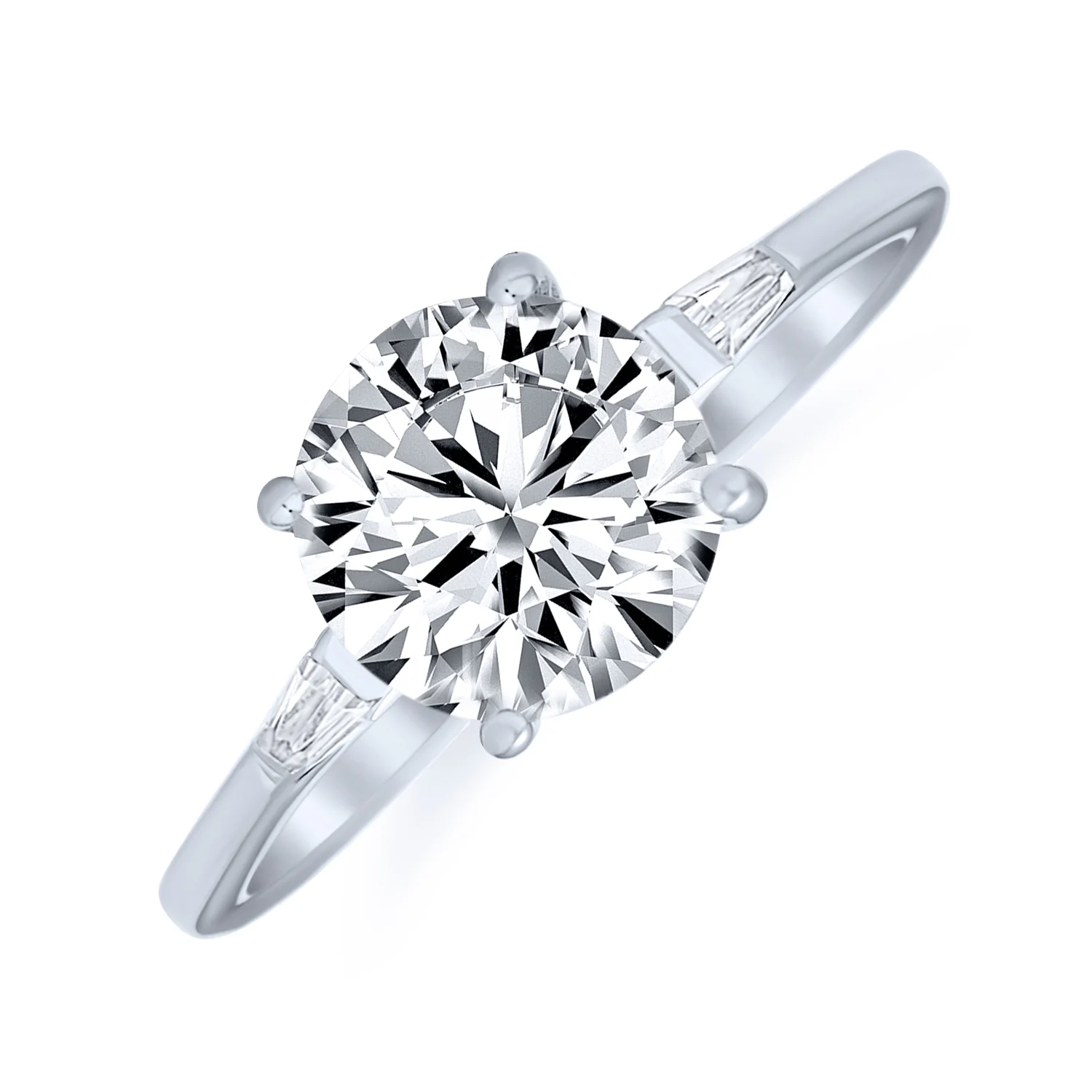 Classic 3CT Round CZ Round Solitaire Engagement Ring Baguette Side Stones Band .925 Sterling Silver