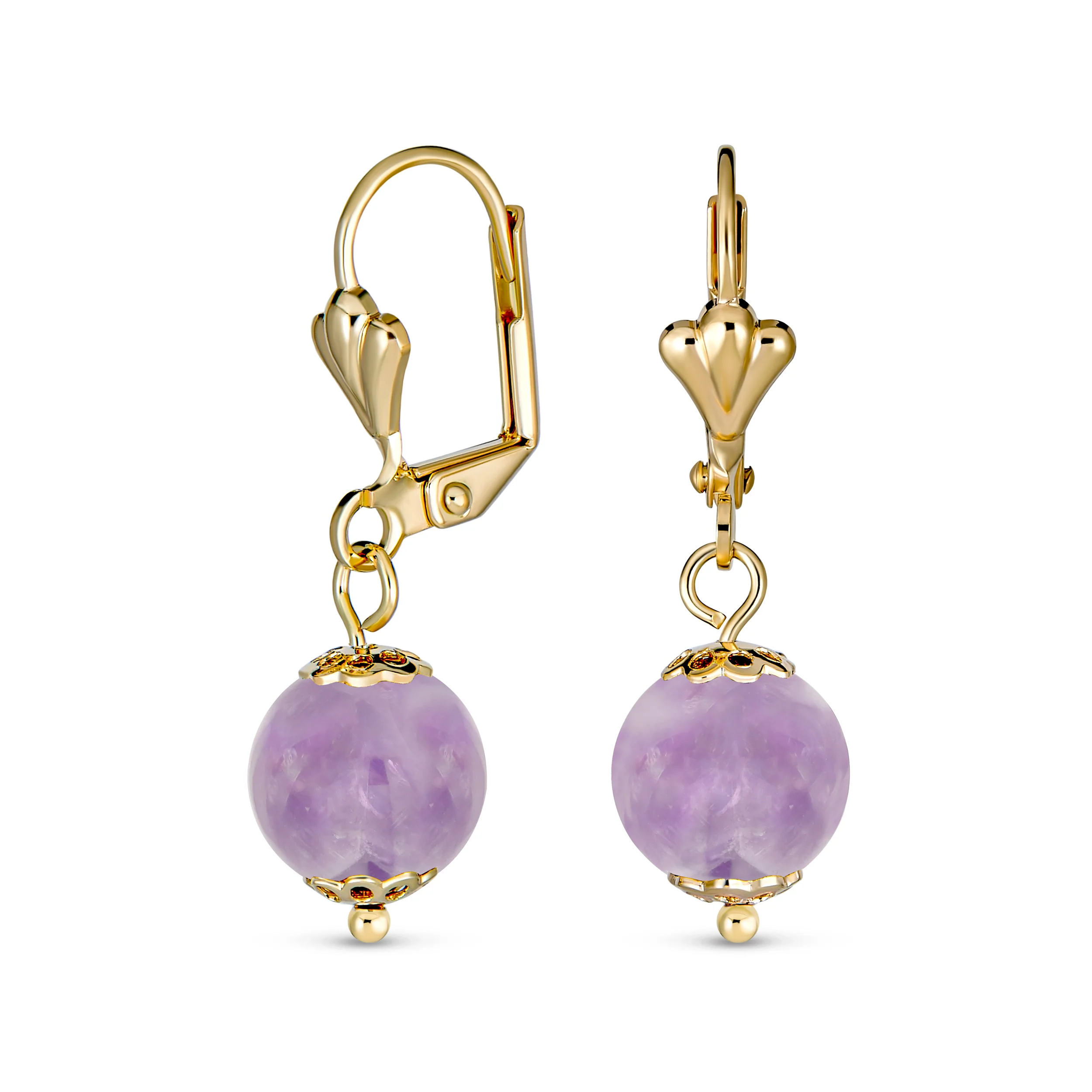 Round Purple Amethyst Drop Ball Earrings Leverback Gold 8MM
