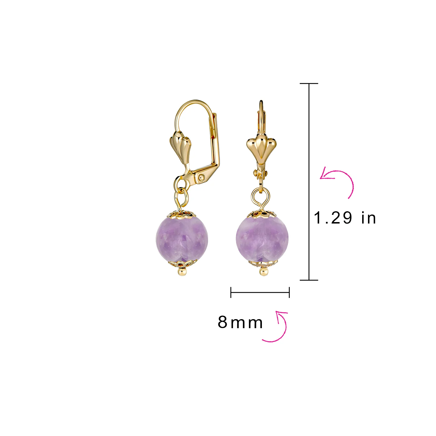 Round Purple Amethyst Drop Ball Earrings Leverback Gold 8MM - Image 10