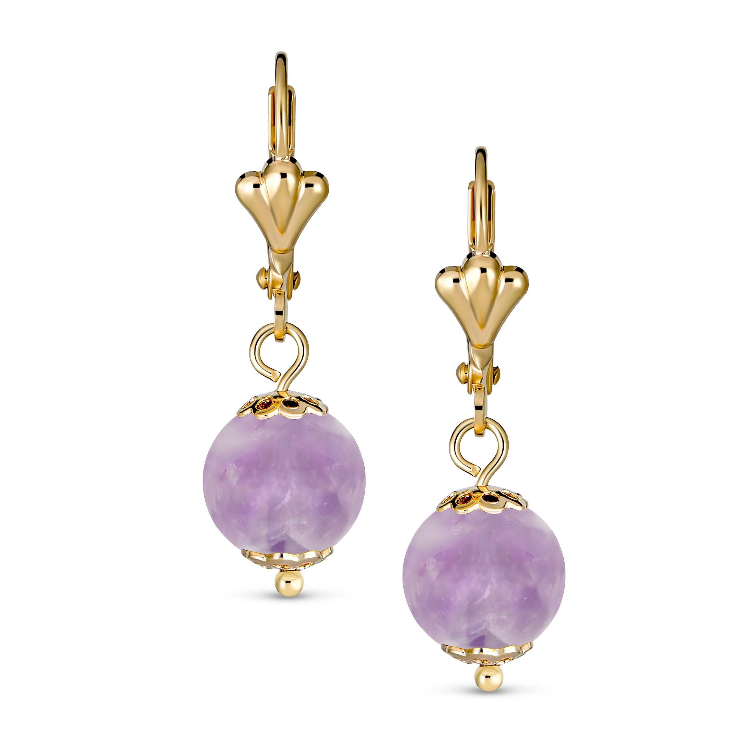 Round Purple Amethyst Drop Ball Earrings Leverback Gold 8MM - Image 4