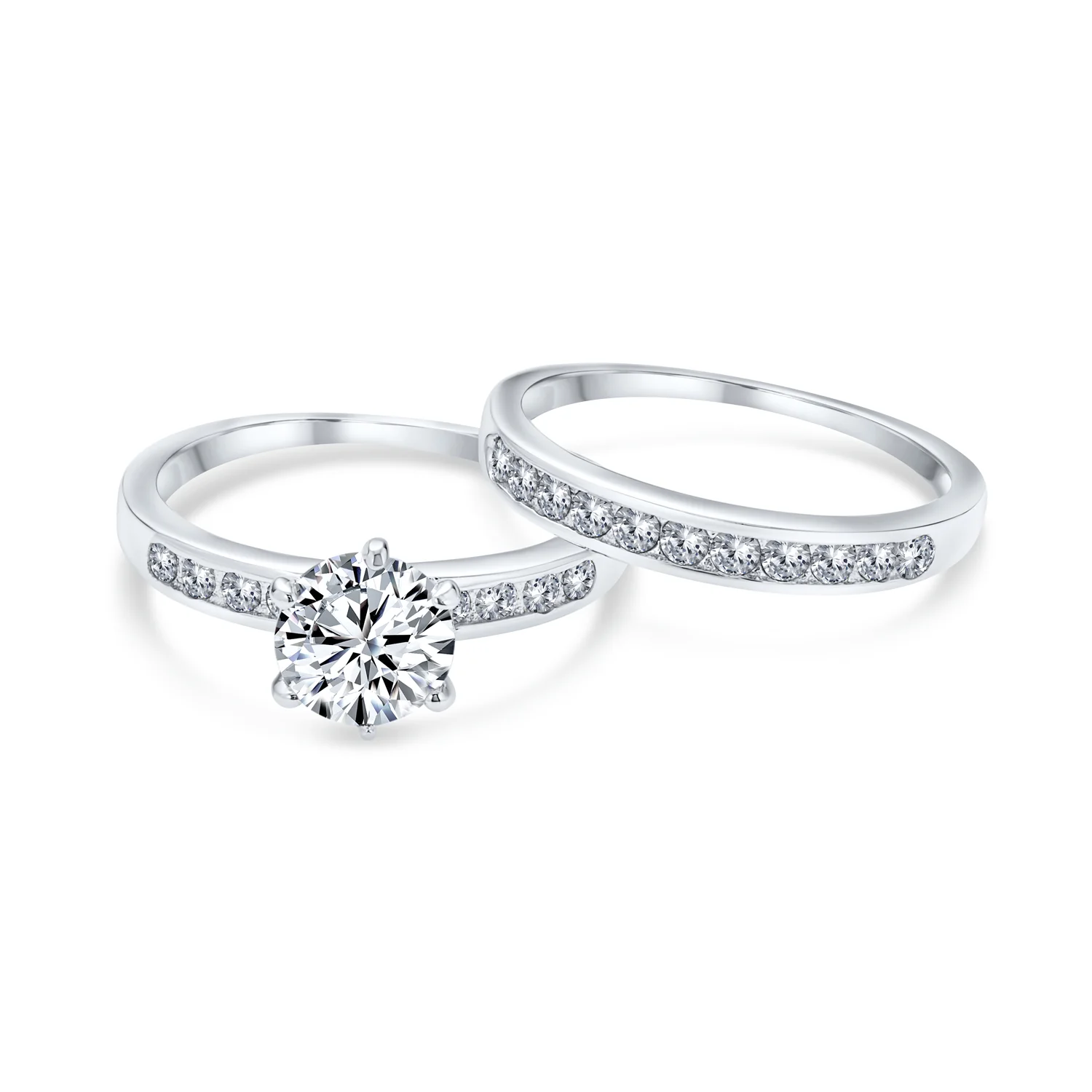Classic 2CT Round Solitaire 6 Prong Solitaire Pave Band CZ Engagement Ring Set Band Sterling Silver - Image 2