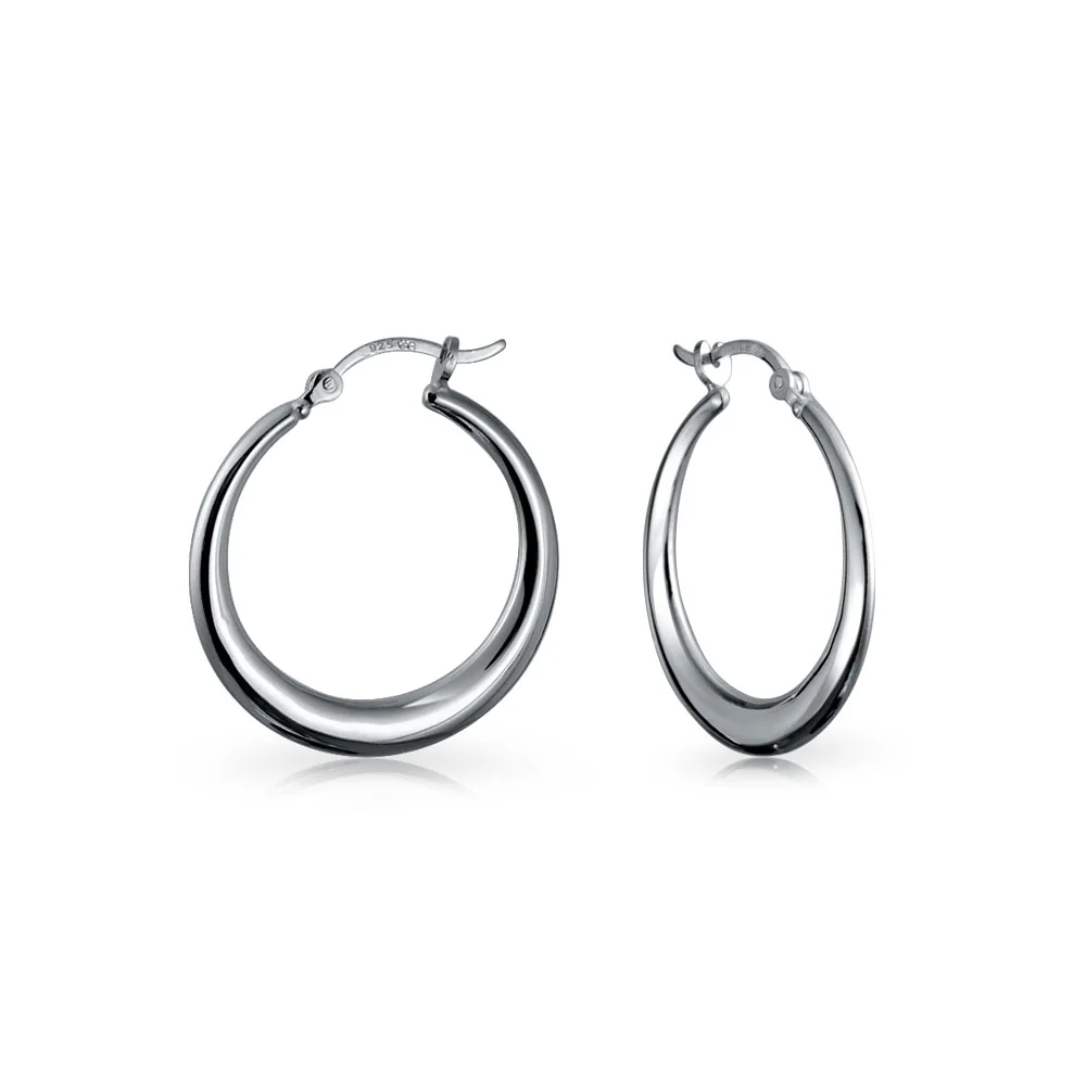 Classic Simple Tapered Puff Tube Medium Hoop Earrings .925 Sterling Silver