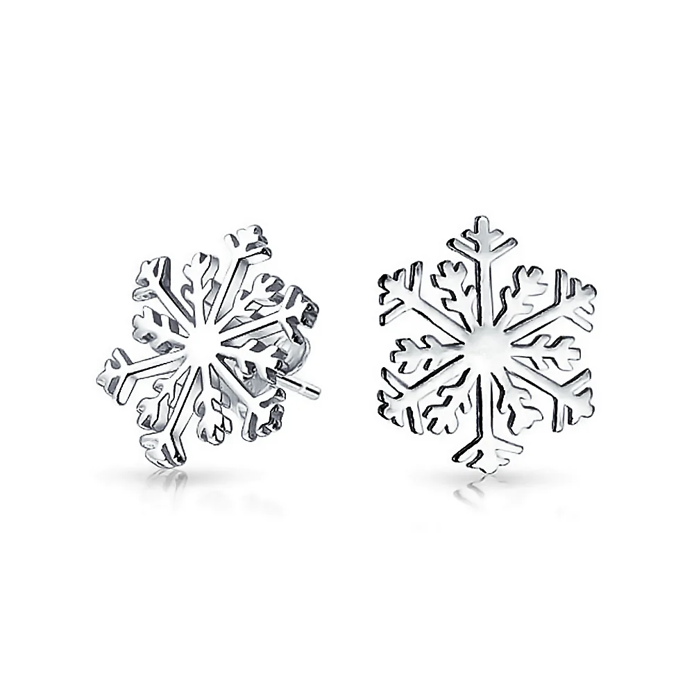 Classic Snowflake Stud Earrings Polished Sterling Silver for Christmas Parties - Image 2