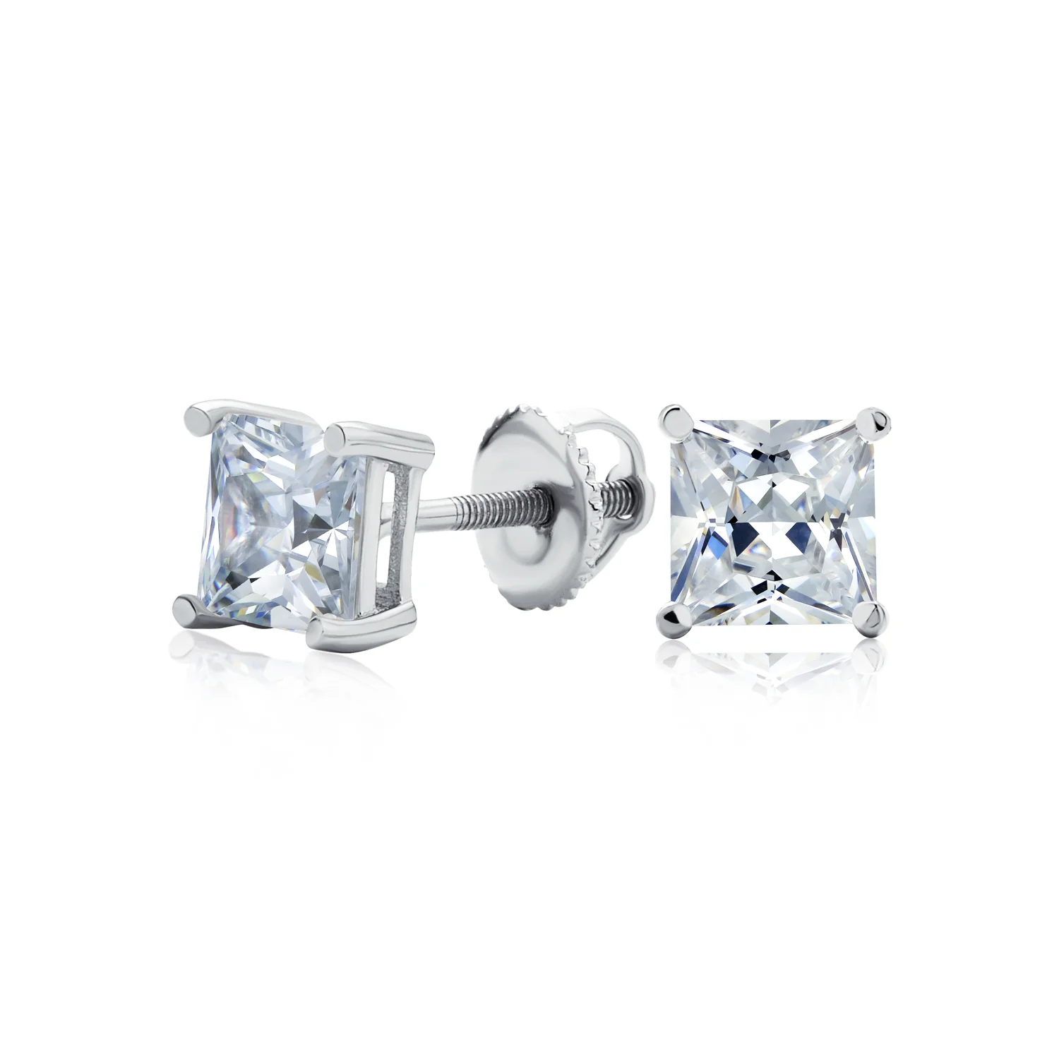 Classic Cubic Zirconia Square CZ Solitaire Stud Earrings Security Screw Back .925 Sterling Silver