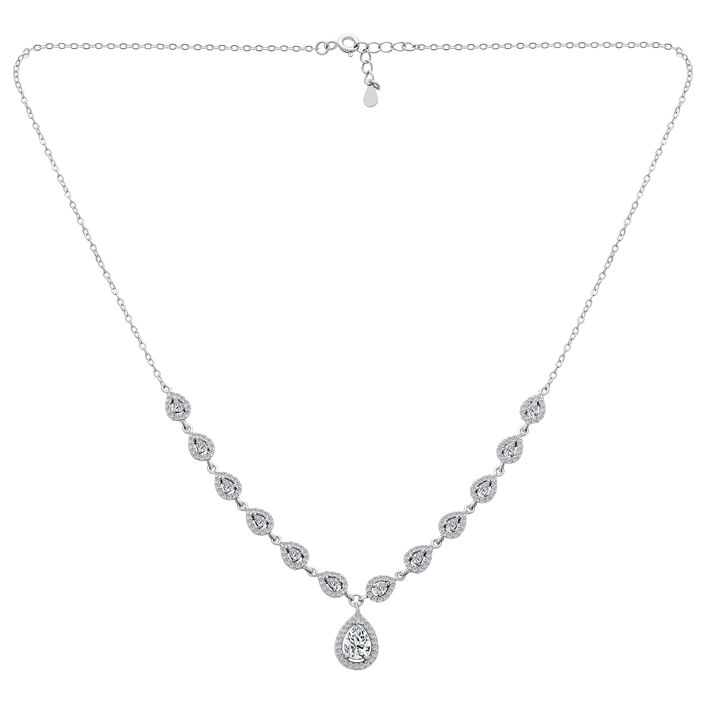 Bridal Teardrop Halo CZ V Collar Necklace Sterling Silver - Image 2