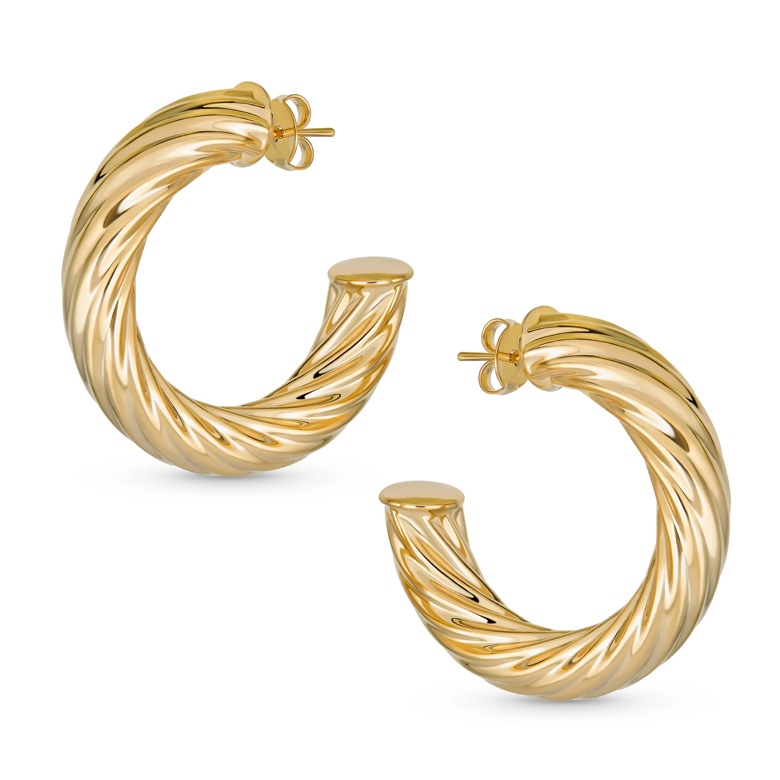 Twisted Rope Hoop Huggie Earrings Gold Plated Brass 1.5 Inch - Image 2