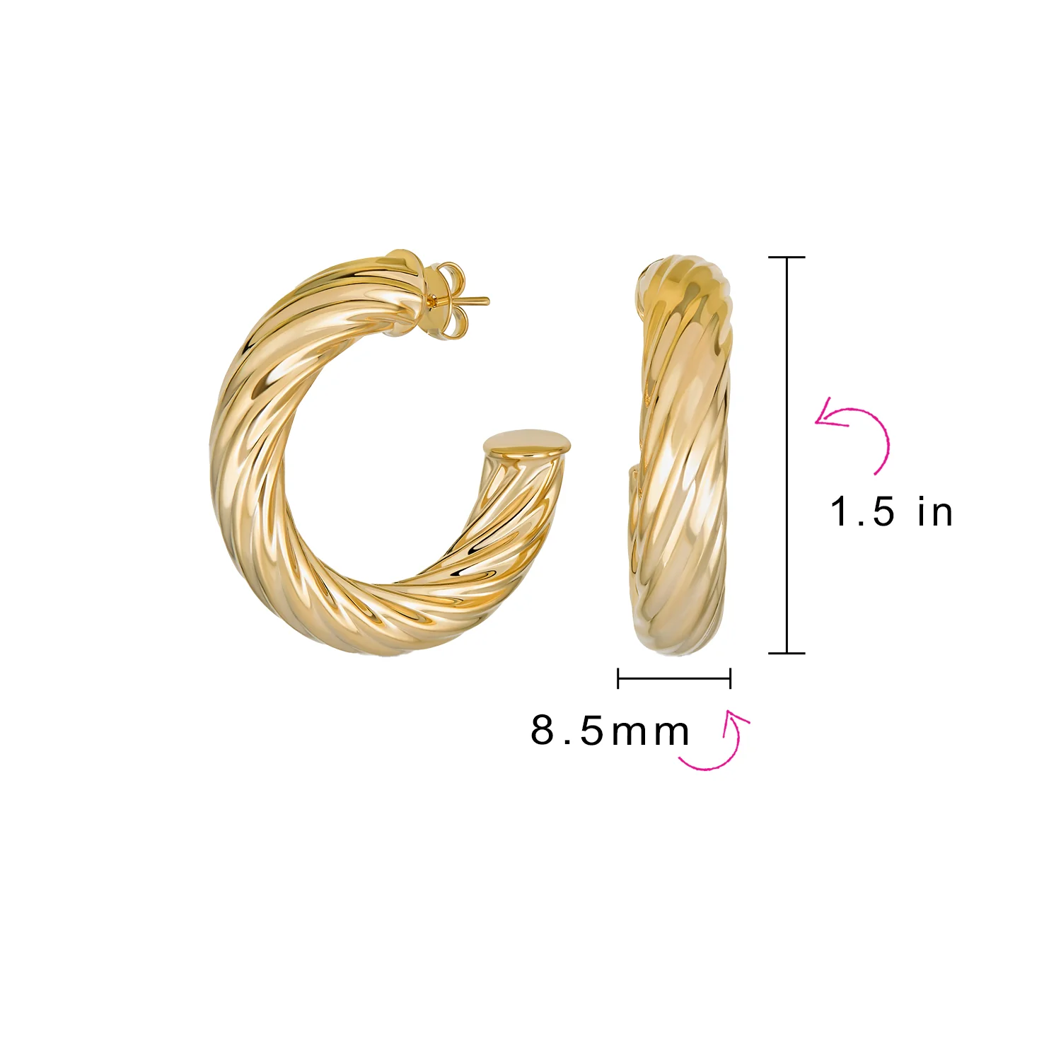 Twisted Rope Hoop Huggie Earrings Gold Plated Brass 1.5 Inch - Image 4