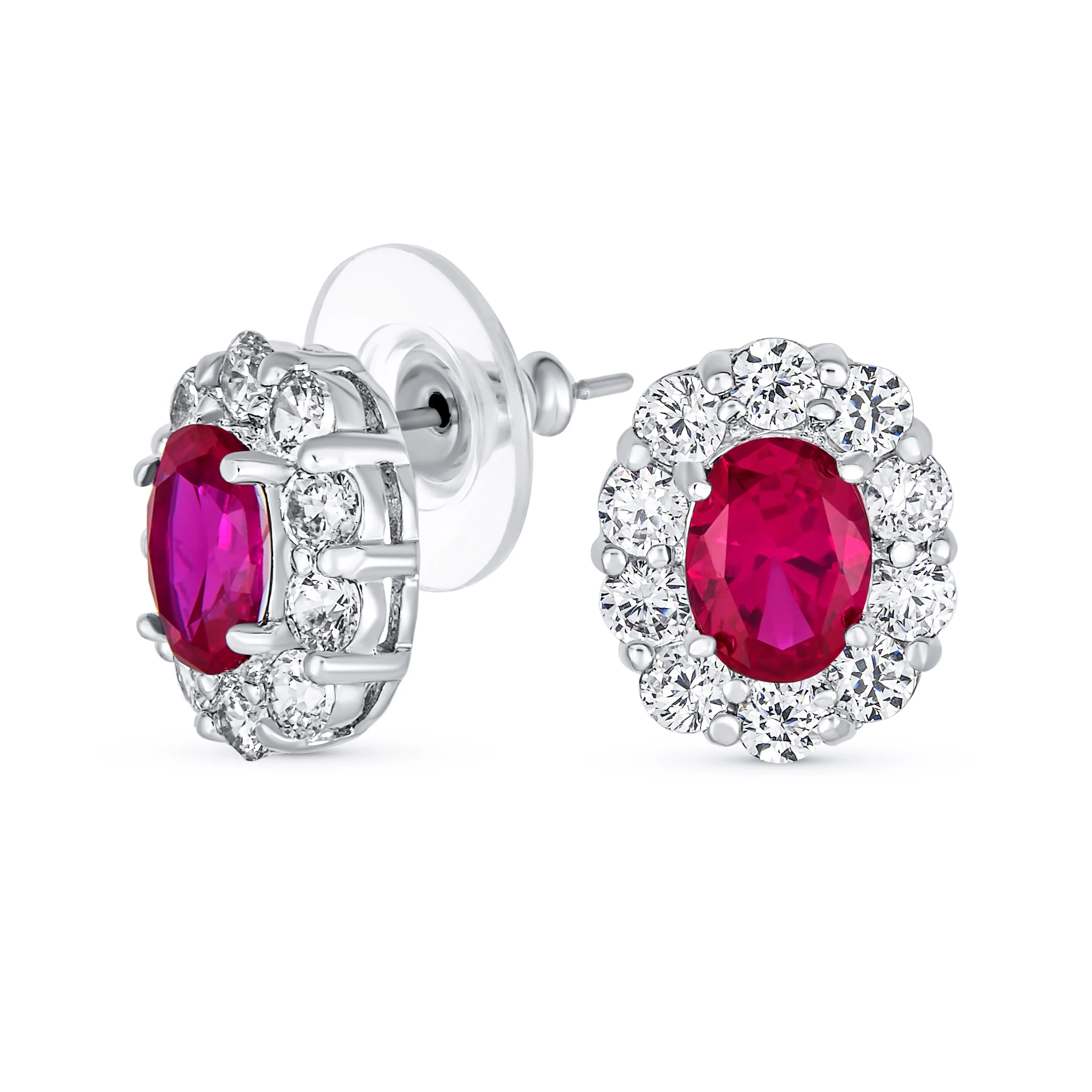 Classic Style Crown 1.5 CT CZ Halo Oval Stud Earrings Rhodium Plated Brass - Image 2