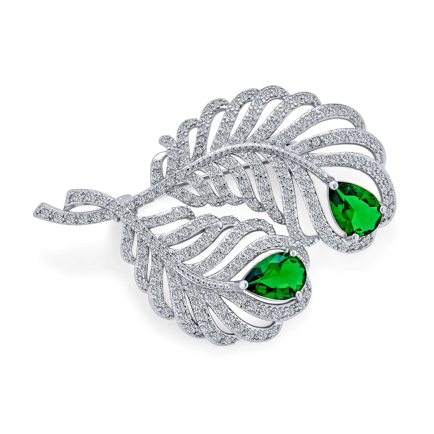 Classic Vintage Brooch Pin with CZ Peacock Feather and Green Emerald Teardrop
