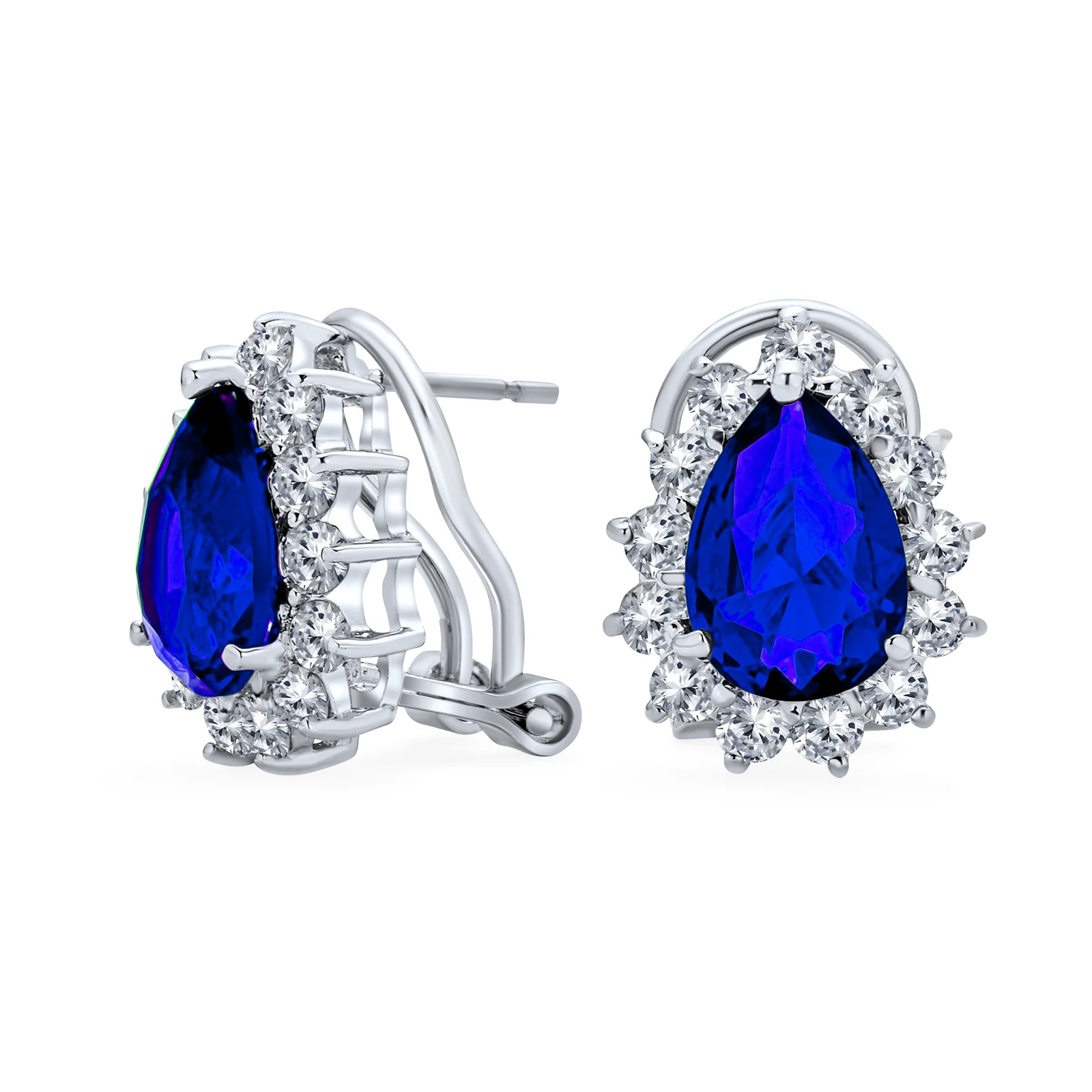 2.5CT Blue CZ Halo Pear Teardrop Stud Earrings Omega Back