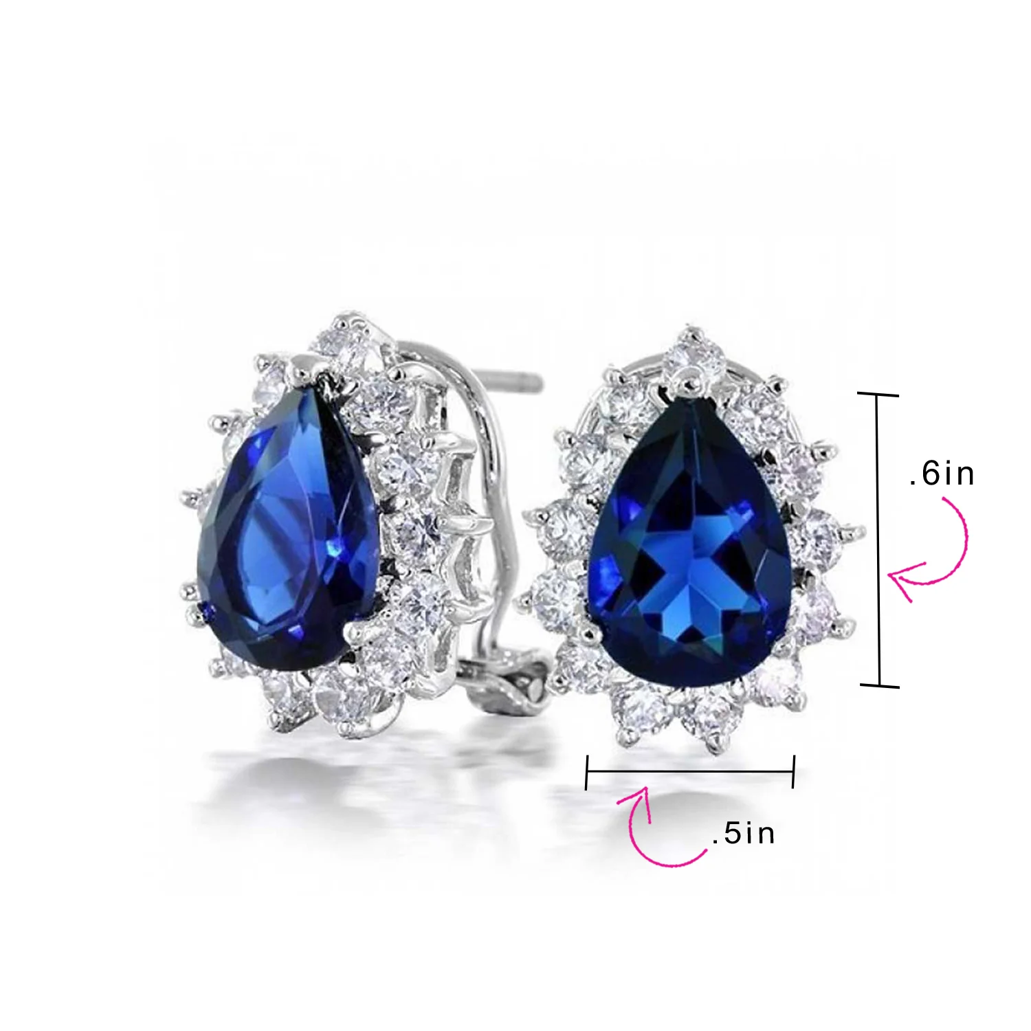 2.5CT Blue CZ Halo Pear Teardrop Stud Earrings Omega Back - Image 7