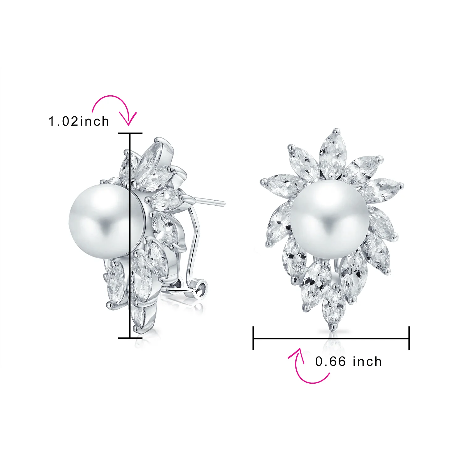 Cocktail Leaf Halo CZ Marquise 10MM White Pearl Stud Earrings Omega Back Clip For Pierced Ears - Image 3