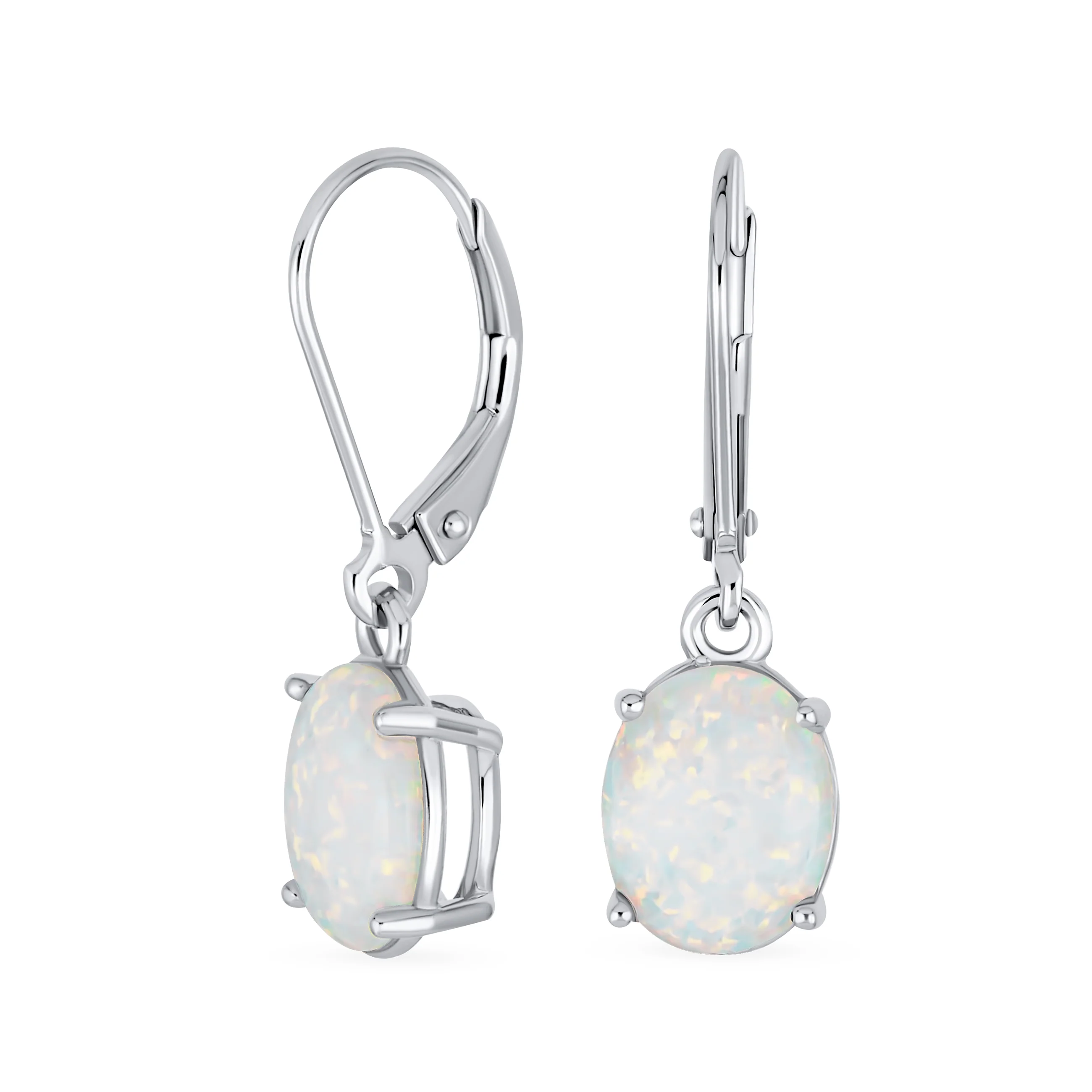 Classic White Opal Oval Solitaire Dangle Gemstone Earrings in Sterling Silver