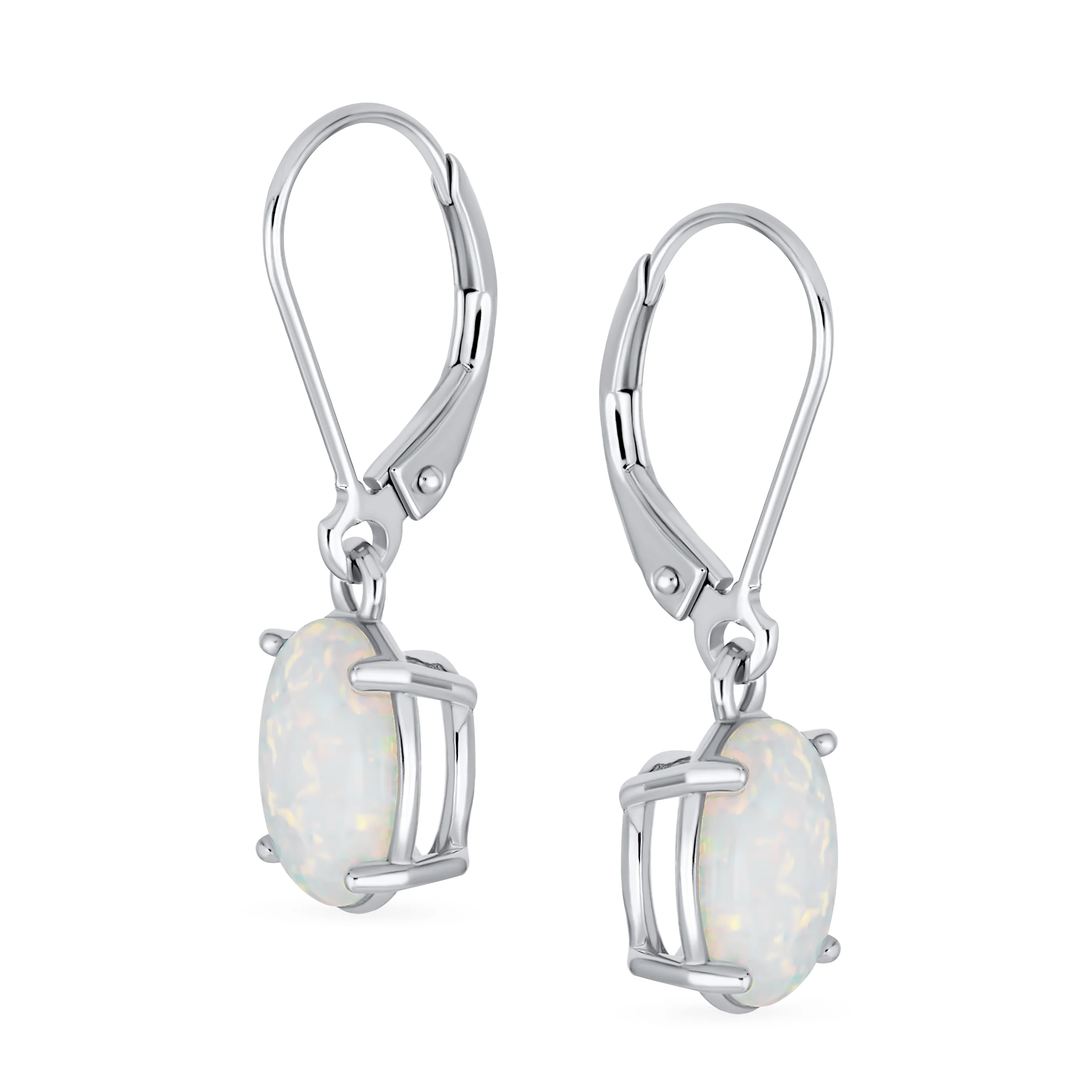 Classic White Opal Oval Solitaire Dangle Gemstone Earrings in Sterling Silver - Image 2