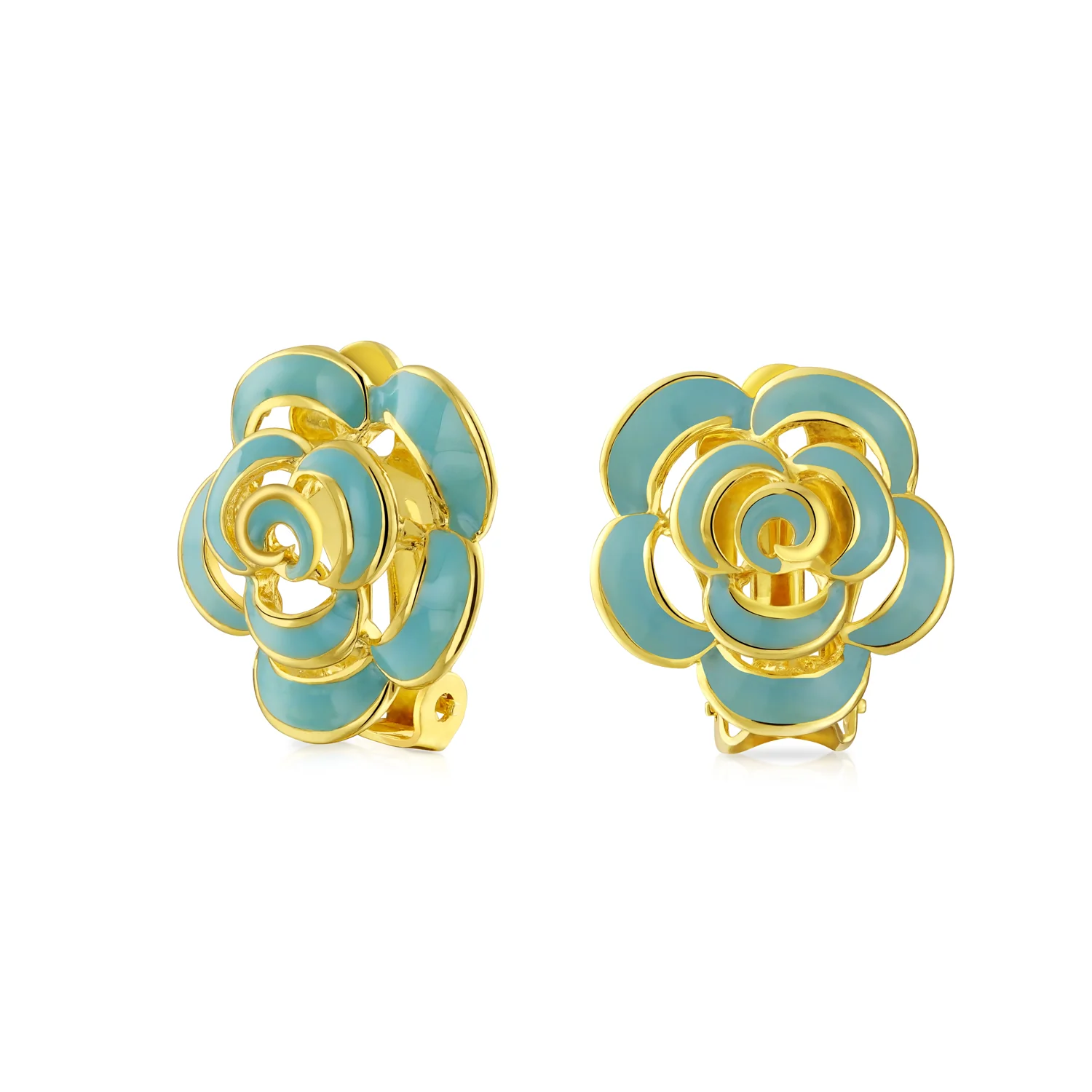 Fashion Enamel 3D White Rose Flower Clip On Earrings Button Style For Non-Pierced Ears Gold Plated