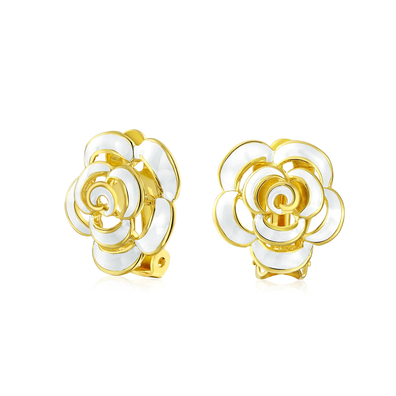 Fashion Enamel 3D White Rose Flower Clip On Earrings Button Style For Non-Pierced Ears Gold Plated - Image 2