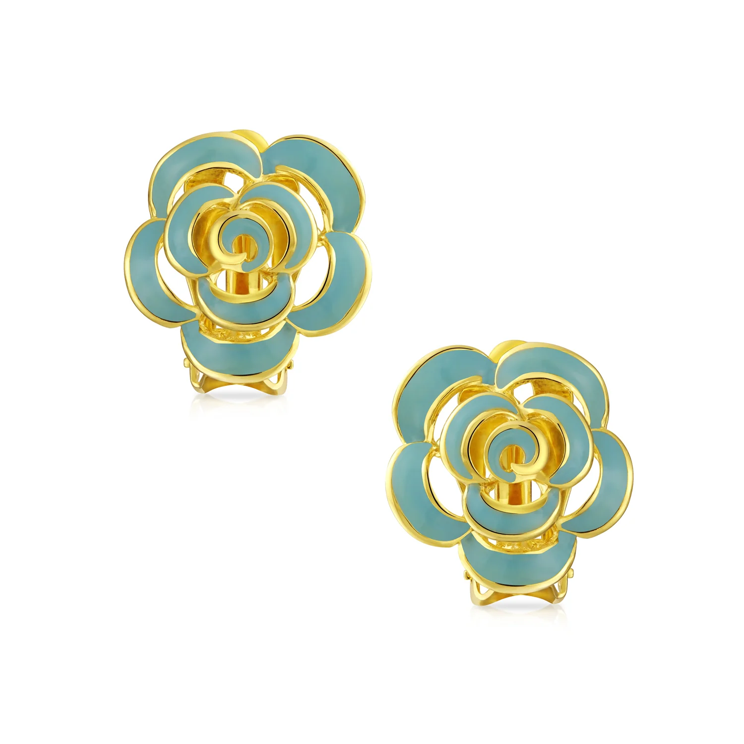 Fashion Enamel 3D White Rose Flower Clip On Earrings Button Style For Non-Pierced Ears Gold Plated - Image 3