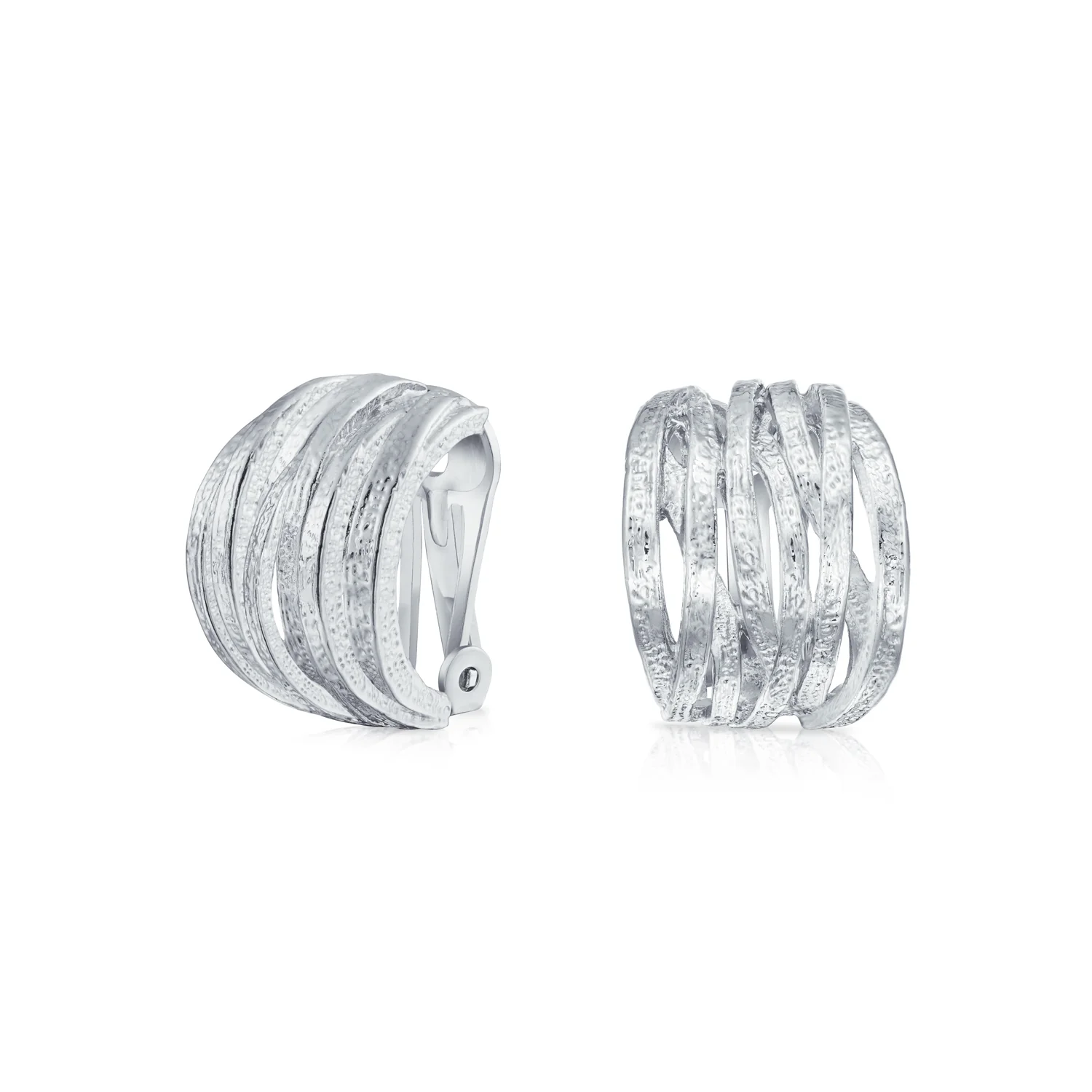 Fashion Open Criss Cross Basket Weave Wide Half Hoop Clip On Earrings For Non Pierced Ears Matte Gold Plated