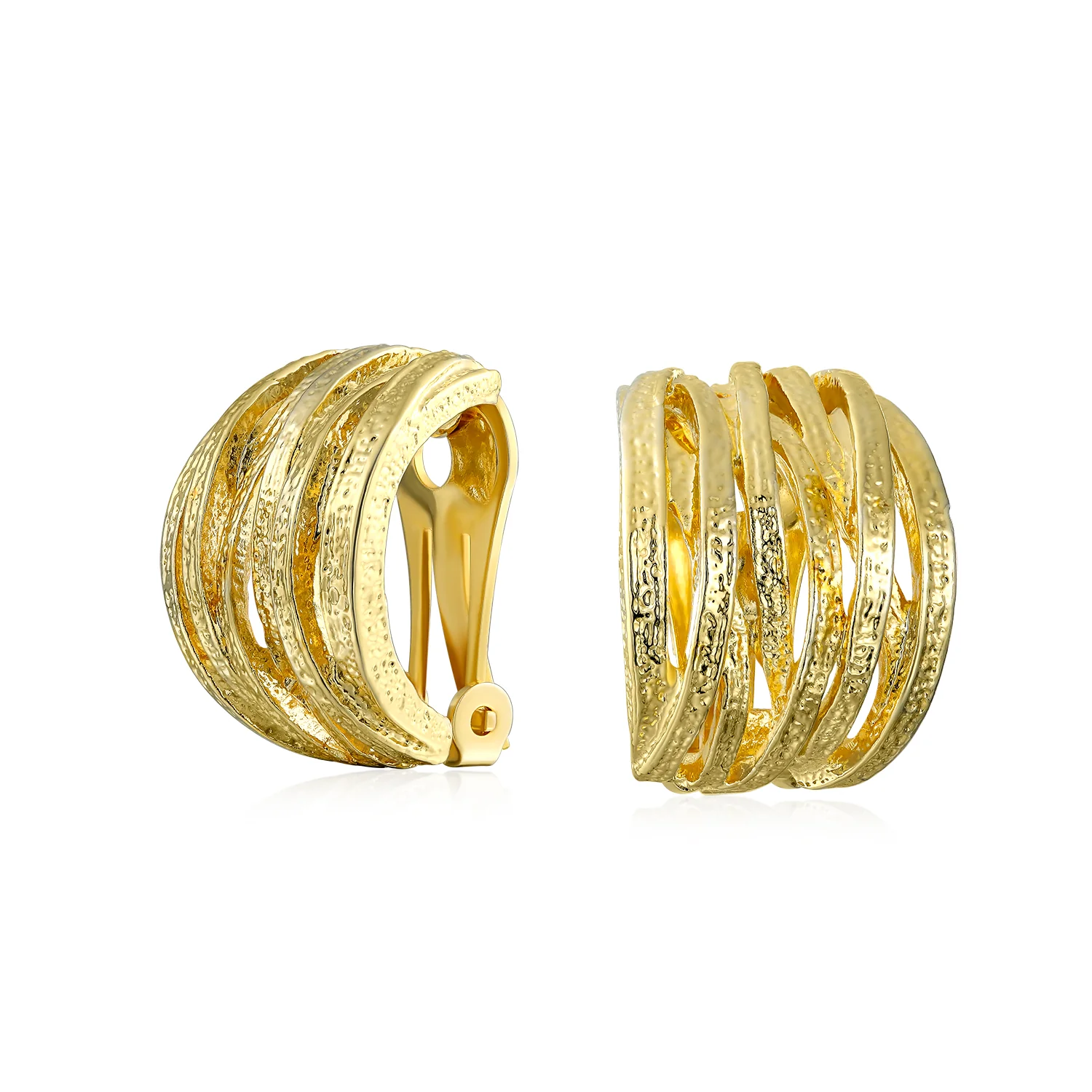 Fashion Open Criss Cross Basket Weave Wide Half Hoop Clip On Earrings For Non Pierced Ears Matte Gold Plated - Image 2