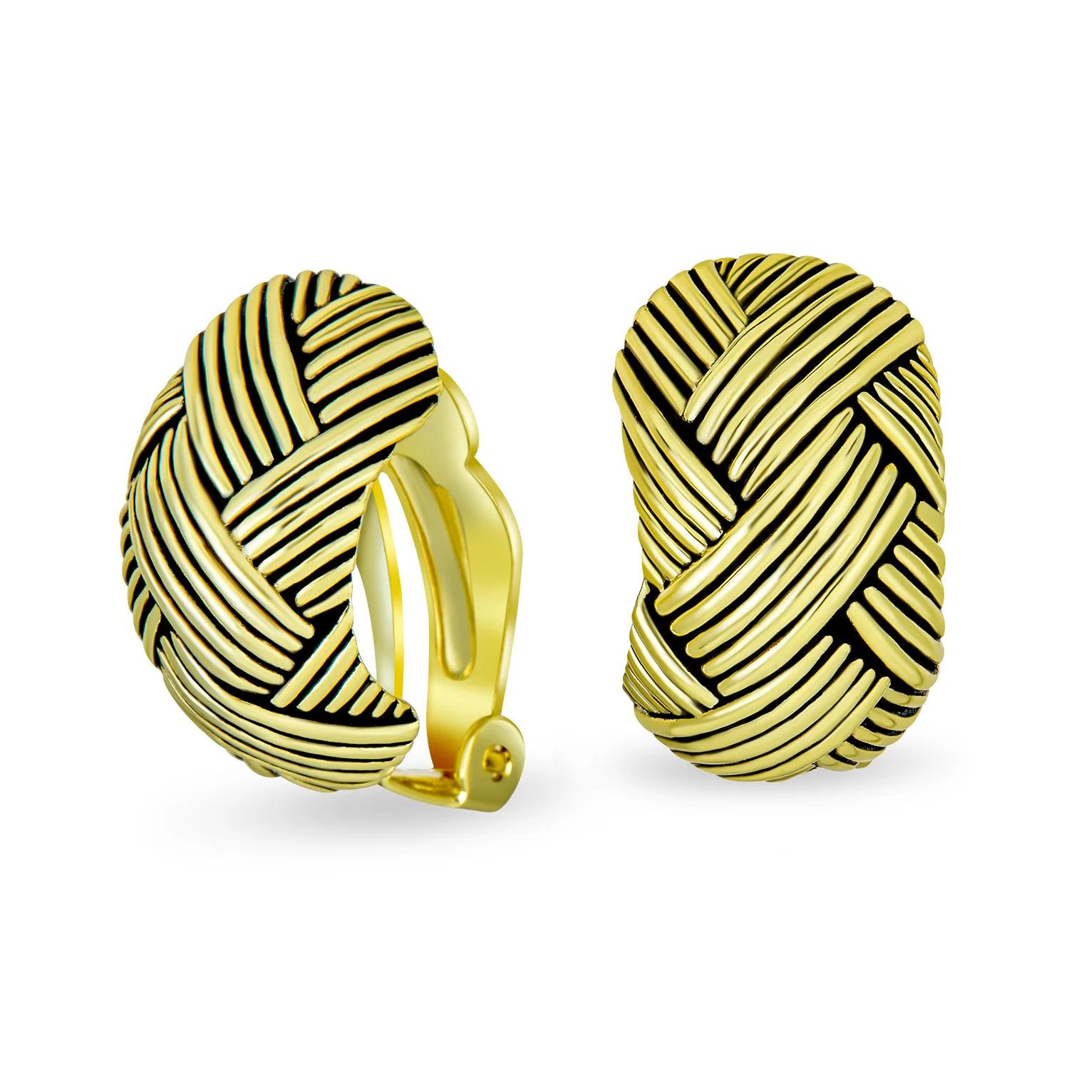 Half Hoop Woven Dome Basket Weave Clip-On Earrings Gold