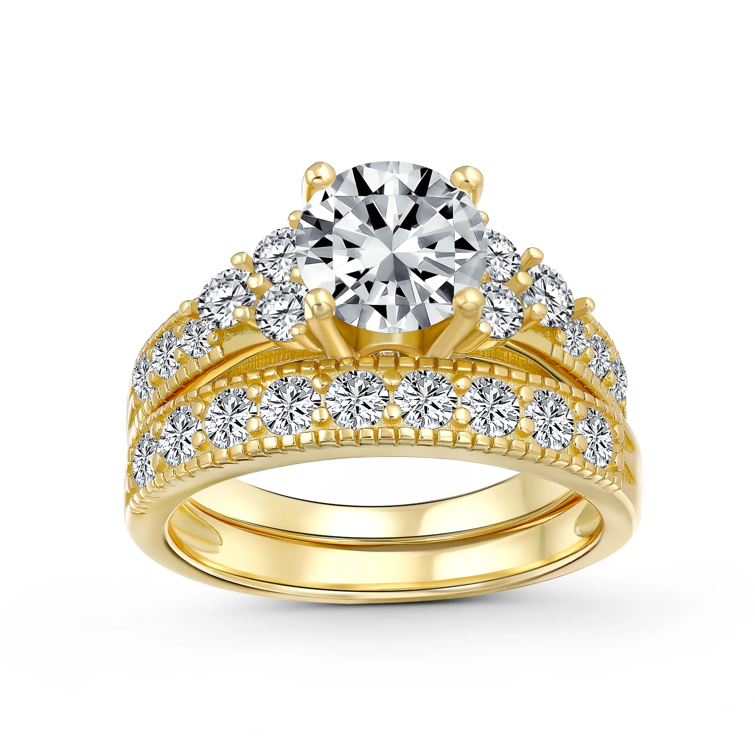 3CT Solitaire Side Stones Pave CZ Cubic Zirconia Engagement Ring Band Set Gold Plated Sterling Silver