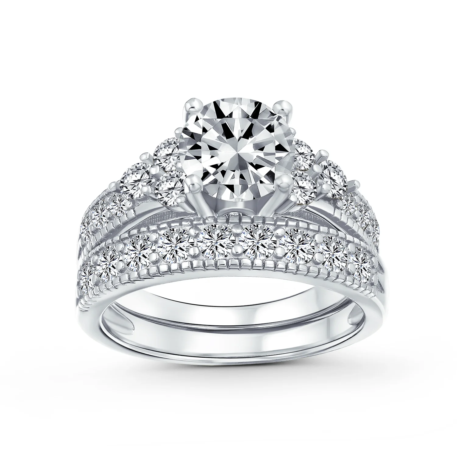 3CT Solitaire Side Stones Pave CZ Cubic Zirconia Engagement Ring Band Set Gold Plated Sterling Silver - Image 2