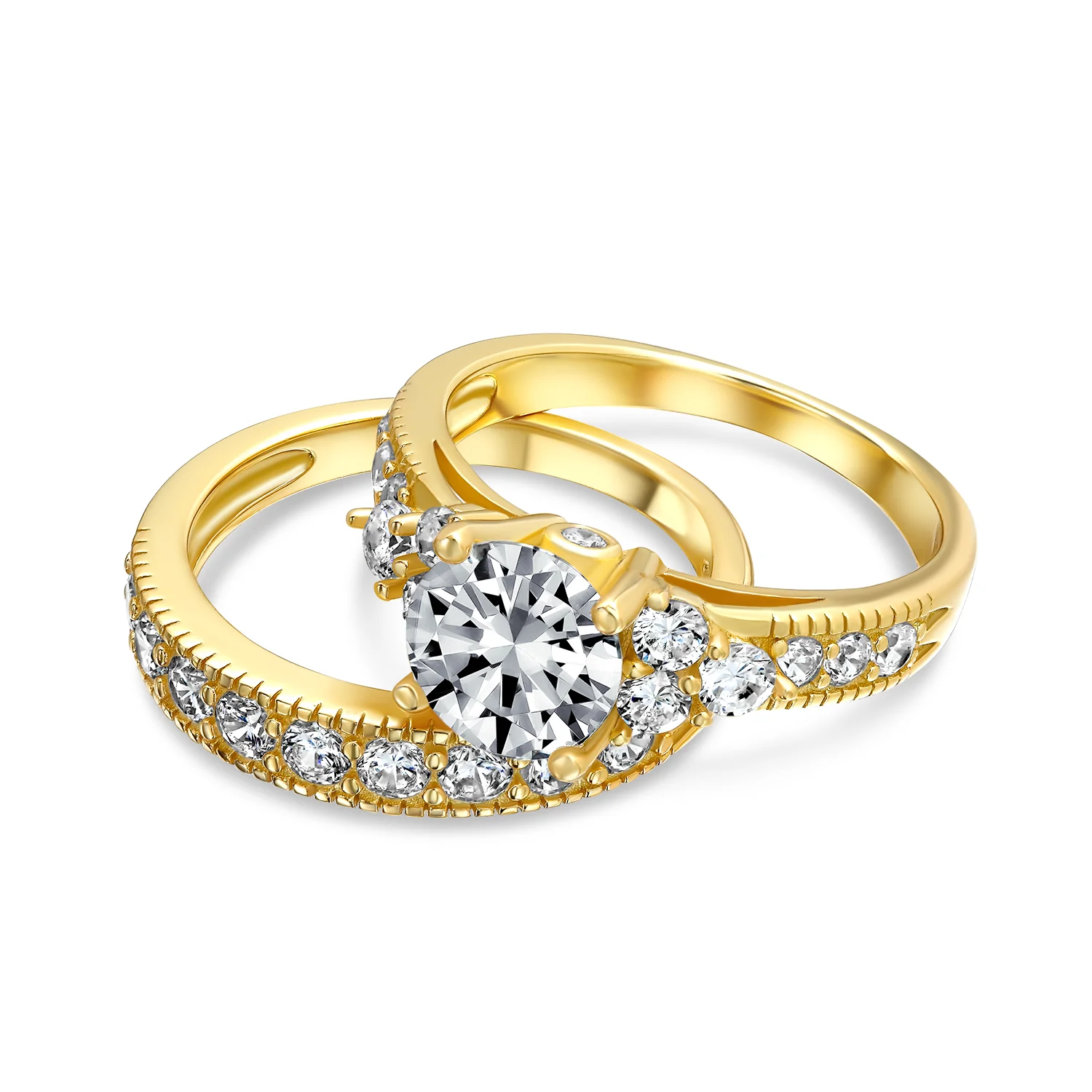 3CT Solitaire Side Stones Pave CZ Cubic Zirconia Engagement Ring Band Set Gold Plated Sterling Silver - Image 3