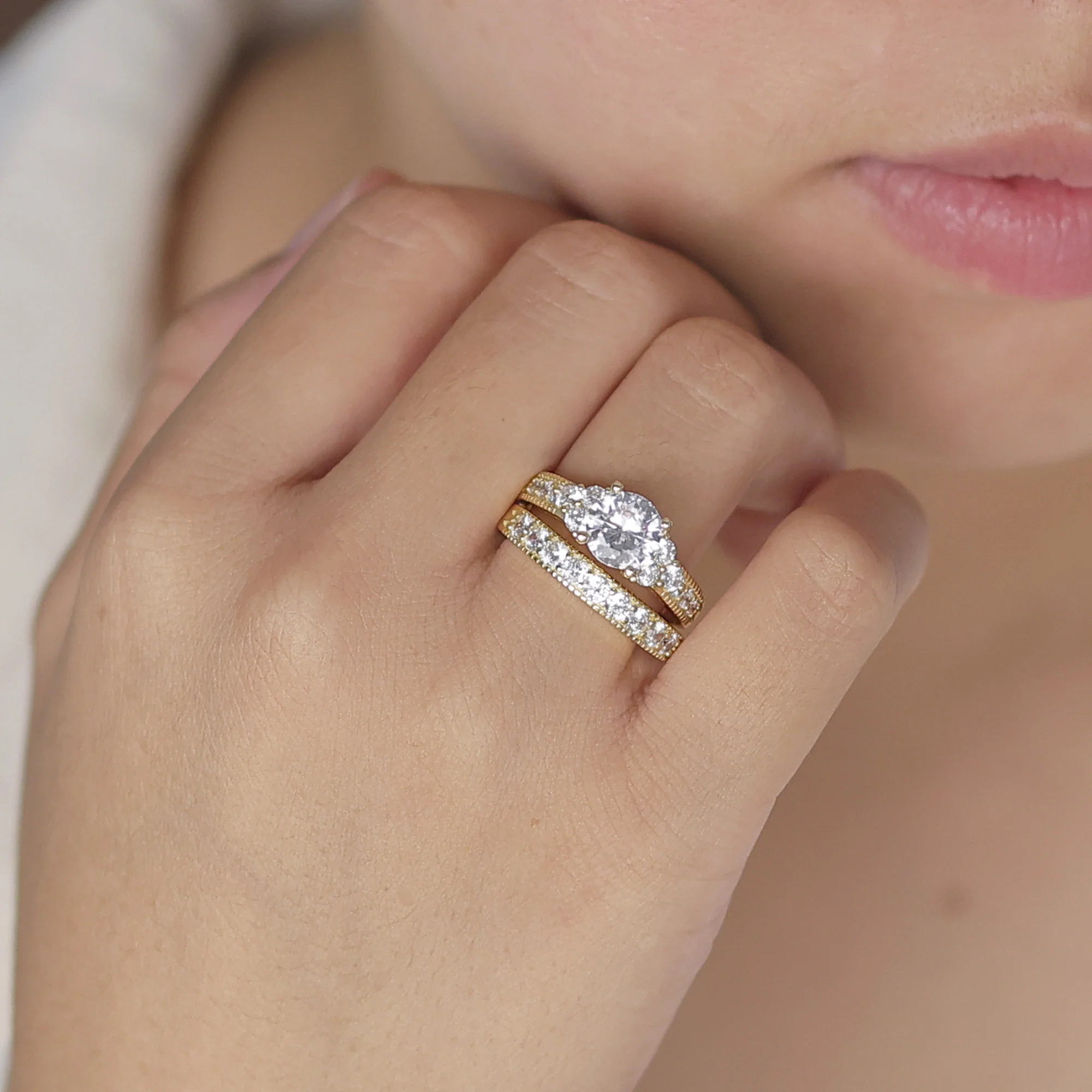 3CT Solitaire Side Stones Pave CZ Cubic Zirconia Engagement Ring Band Set Gold Plated Sterling Silver - Image 5