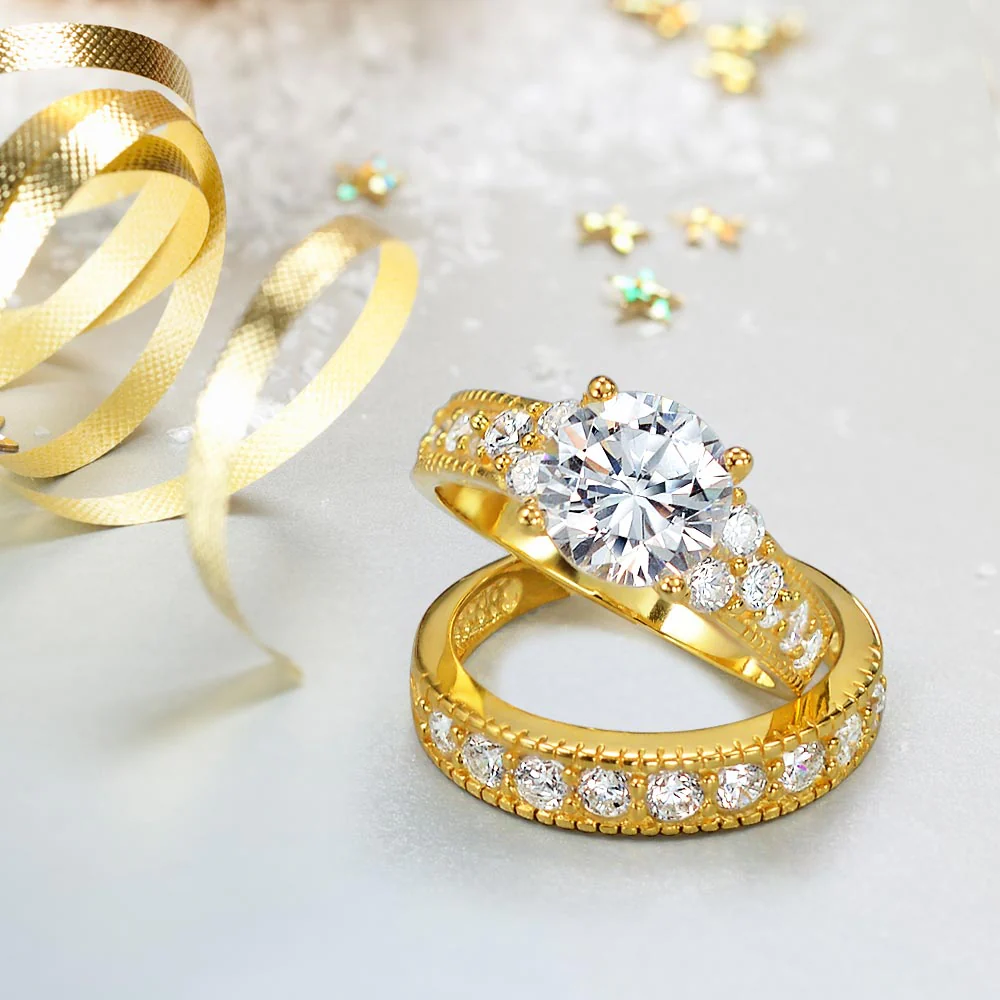 3CT Solitaire Side Stones Pave CZ Cubic Zirconia Engagement Ring Band Set Gold Plated Sterling Silver - Image 7