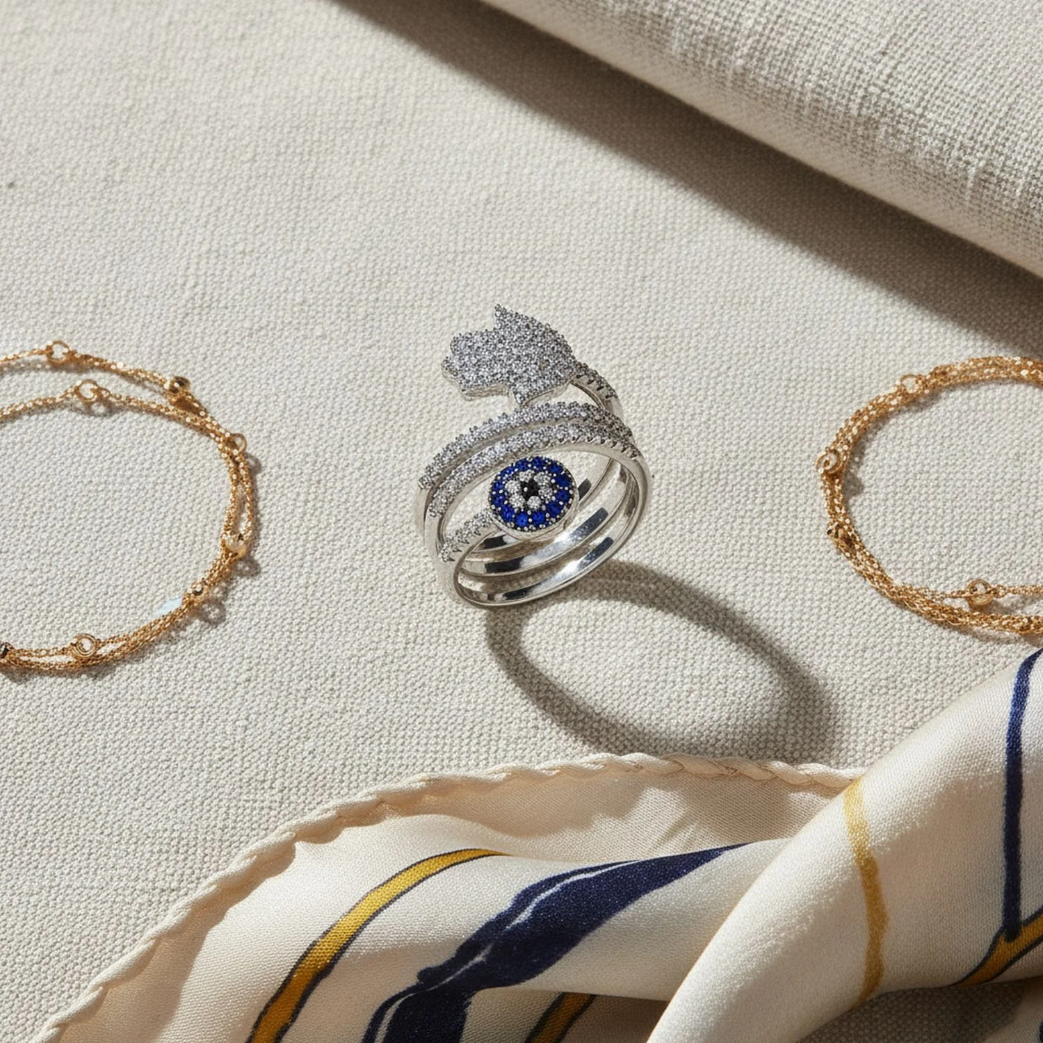 Spiritual Blue CZ Hamsa Evil Eye Wrap Bypass Statement Ring Silver Plated - Image 3