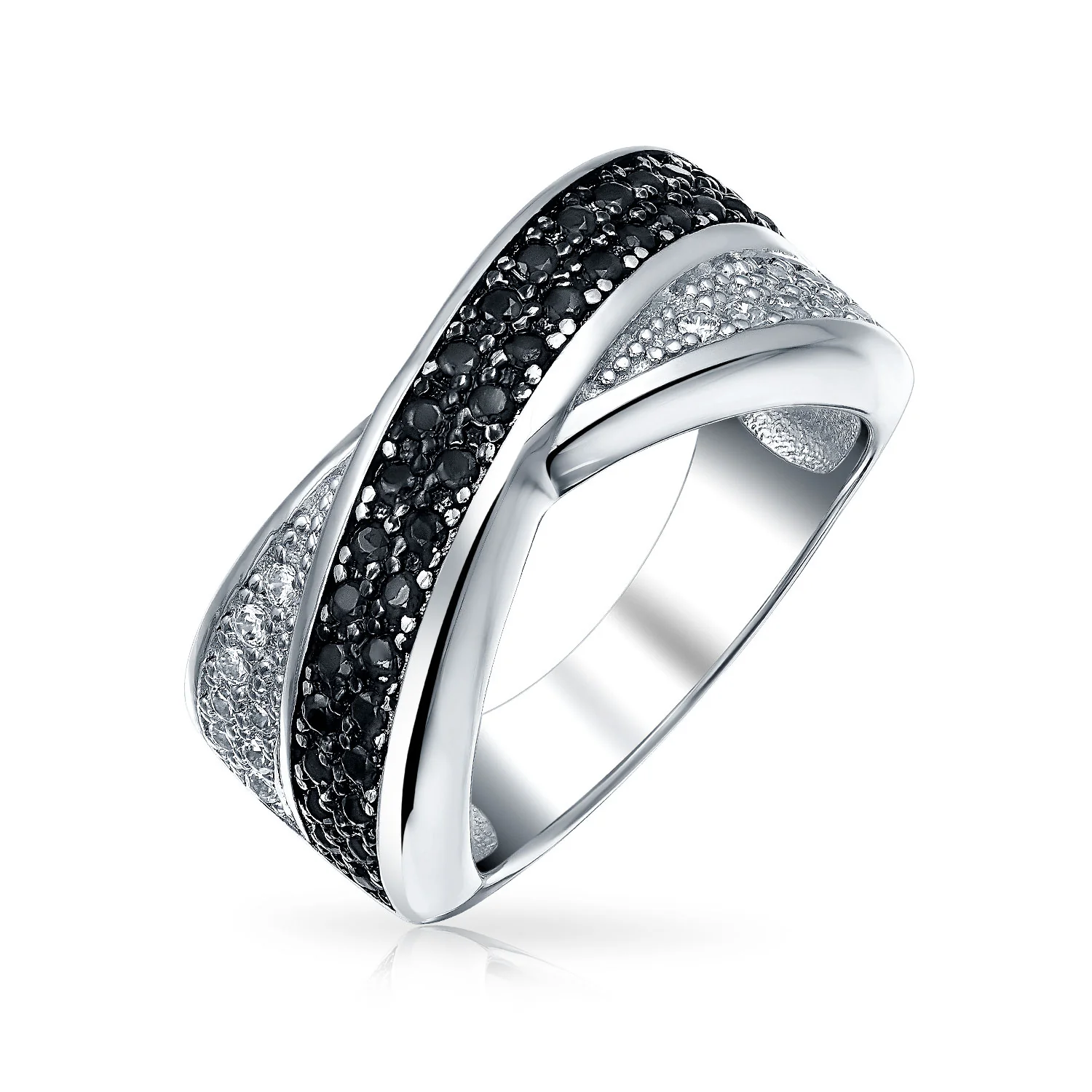 Two Tone Black & White CZ Criss-Cross X Band Statement Ring Sterling Silver - Image 2