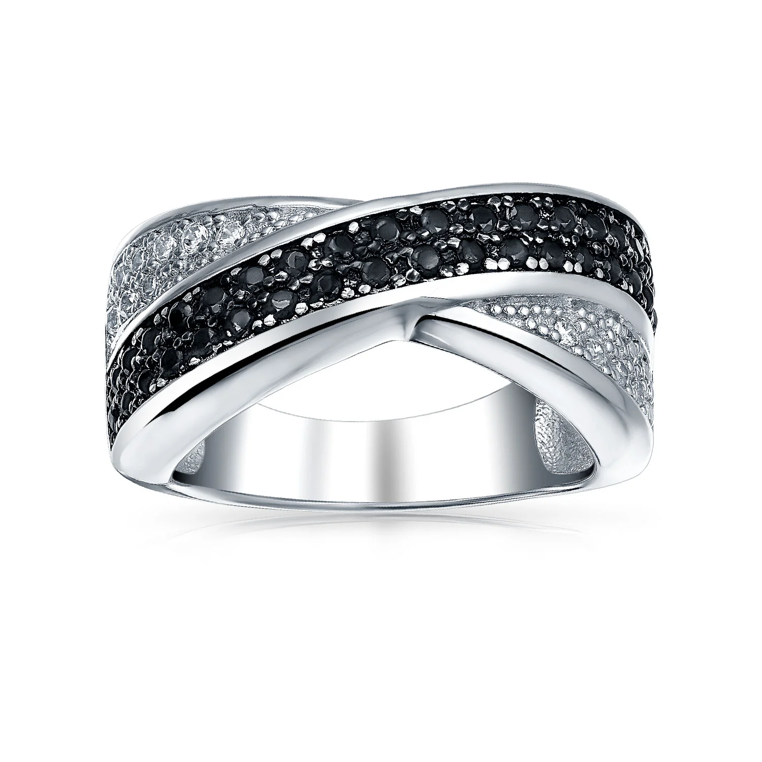 Two Tone Black & White CZ Criss-Cross X Band Statement Ring Sterling Silver - Image 4