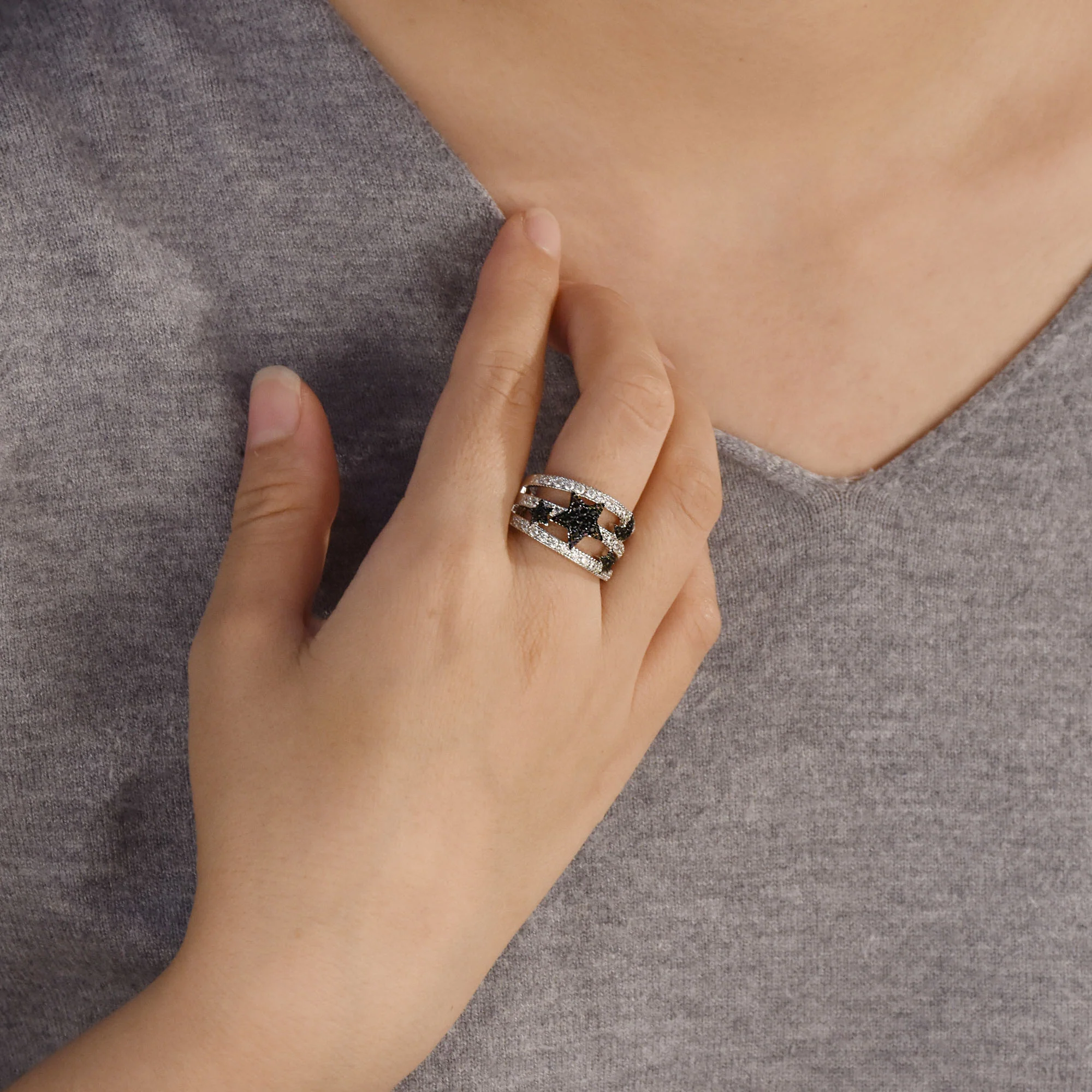 Black & White Pave CZ Cocktail Celestial Stars Ring Wide Band Silver Plated - Image 3