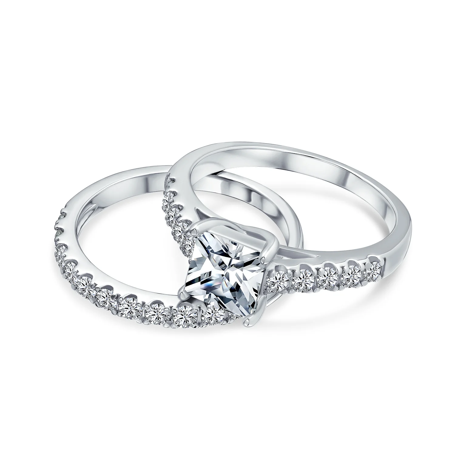 Classic 3CT Cubic Zirconia CZ Princess Cut Solitaire Engagement Ring Set Pave Band Sterling Silver - Image 3