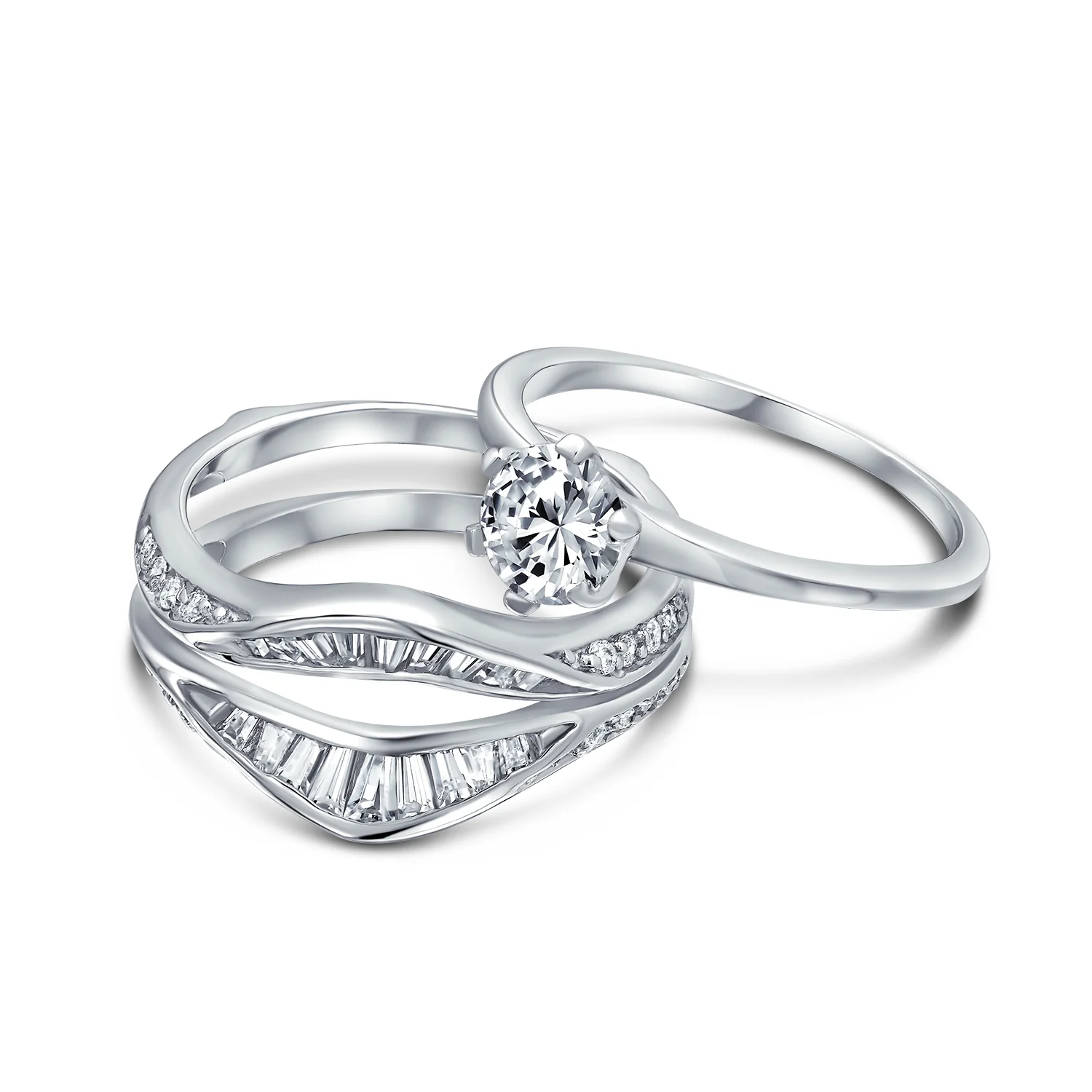 1.5CT Solitaire CZ Baguette Band Statement Bridal Ring Set - Image 2
