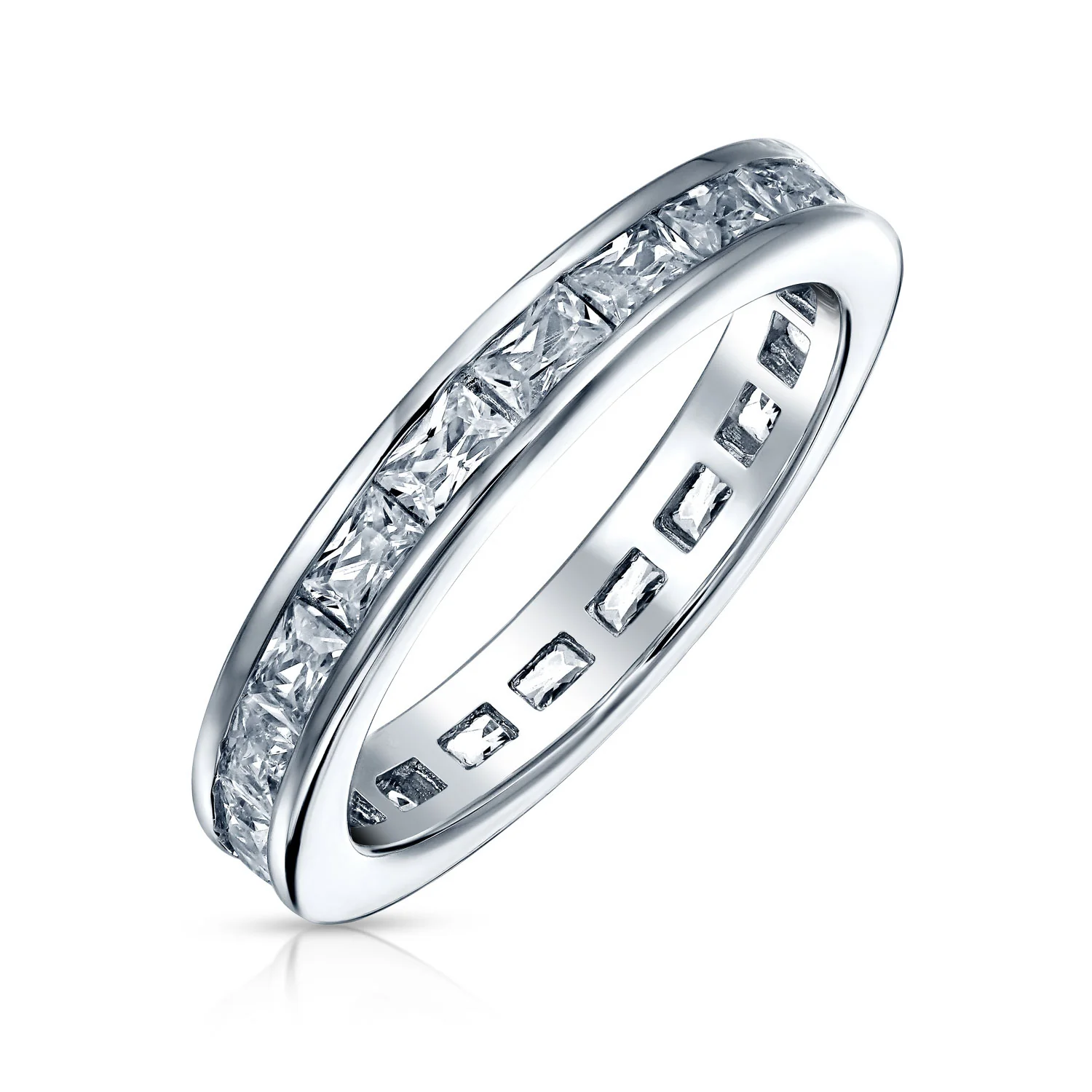 Simple Channel Princess Cut CZ Stackable Wedding Band Ring Sterling Silver 2MM