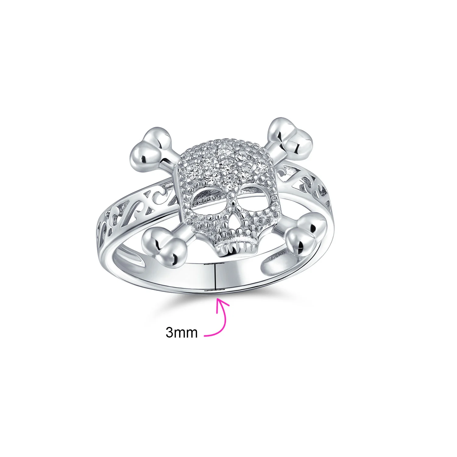 Fashion Caribbean Punk Goth Pirate Skull Crossbones CZ Ring Sterling Silver - Image 4