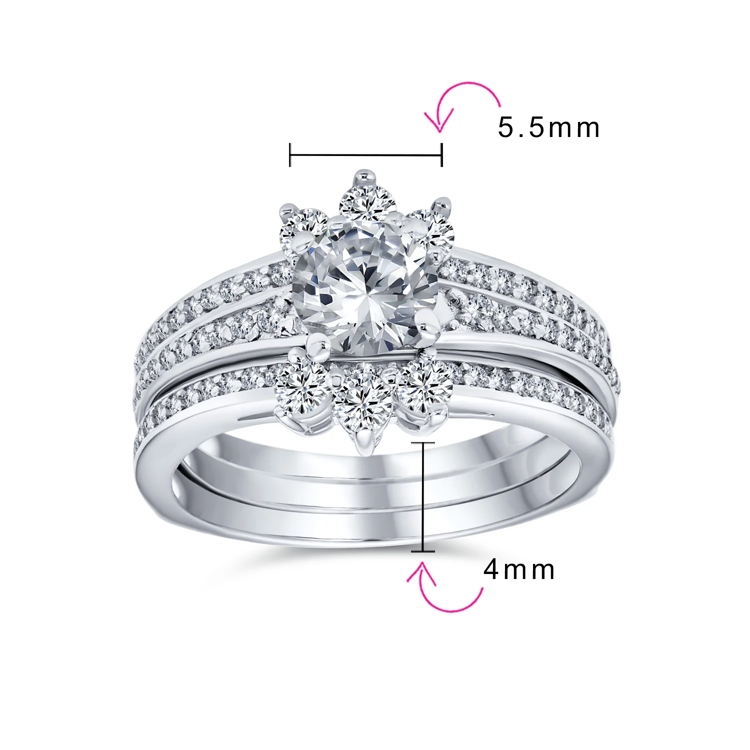Classic 1.5CT CZ Cocktail Statement Ring with Floral Halo and Pave Band in Silver - Image 4
